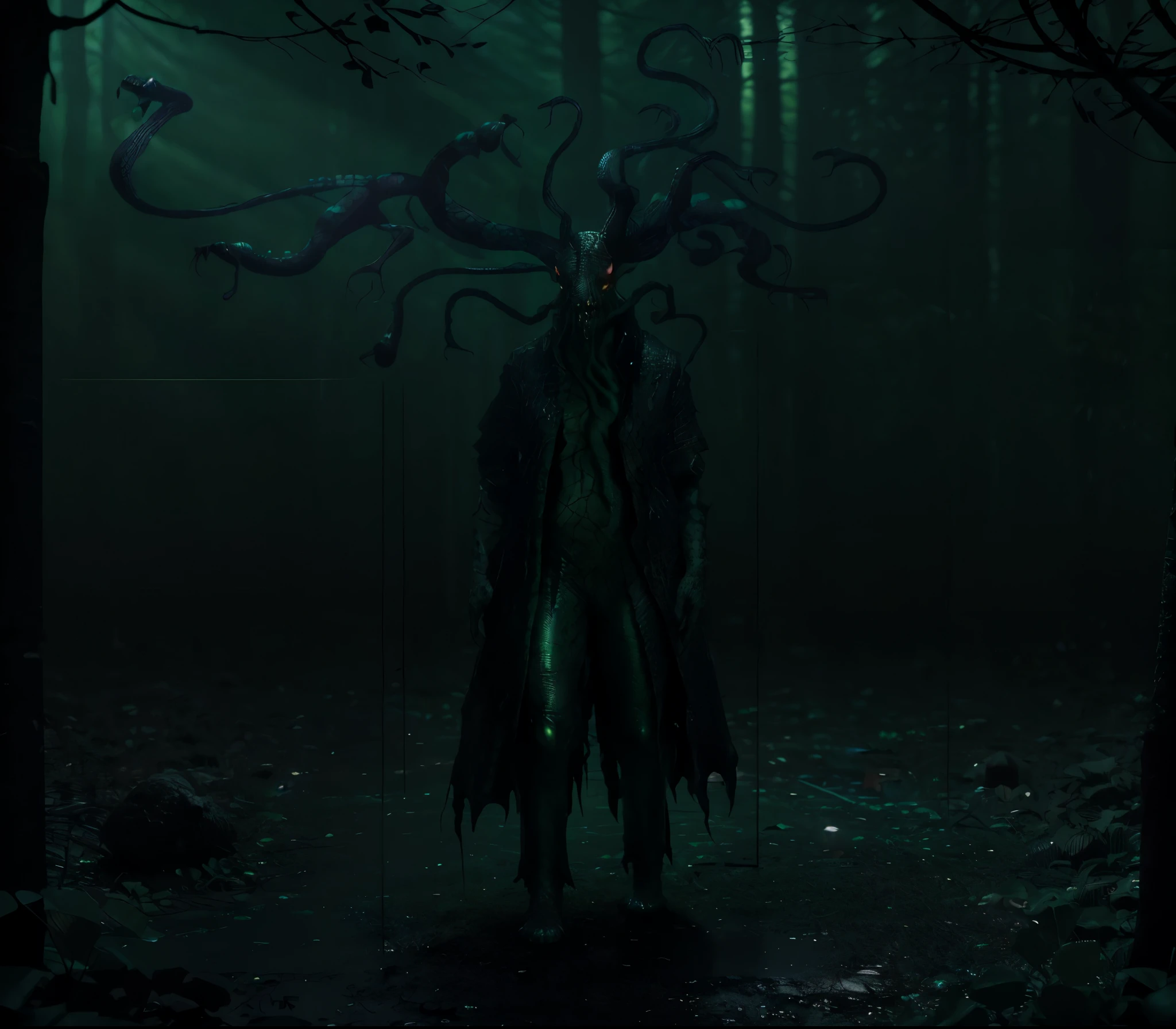 monster, snakes in head, dark forest background, nightly, horror style, horror, atmospheric perspective, 8k, super detail, best quality, high details, Rough, Shimmering, Ray Tracing Reflections, Lumen Reflections, Octane render, realistic hyper realistic texture, dramatic lighting