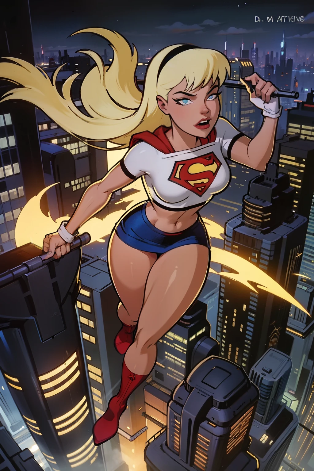 DC comics Power girl in elegant white iridescent armor flies through the middle of 4000 foot skyscrapers in futuristic city