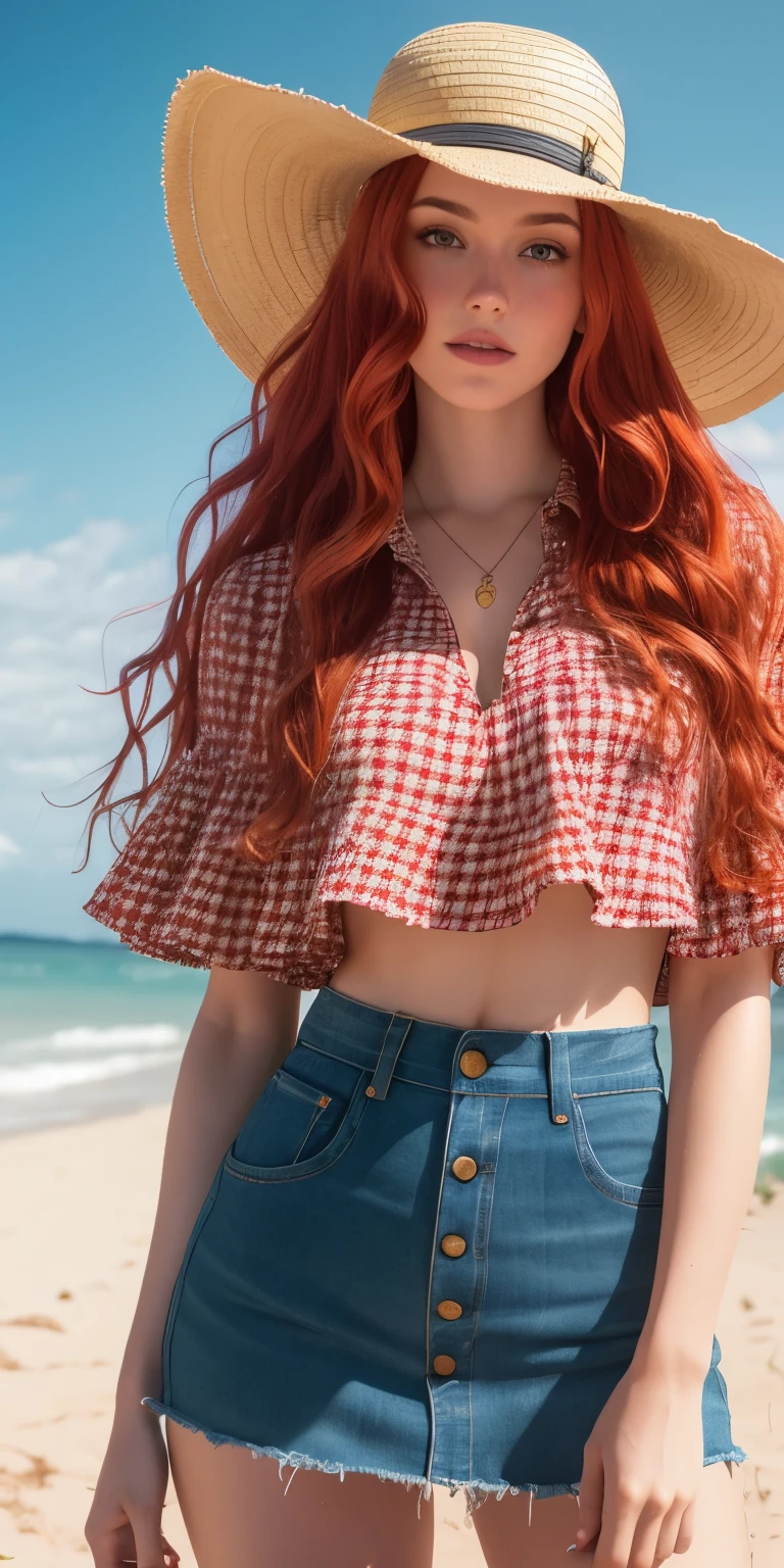 photo of a 25-year-old European girl, RAW, beautiful woman, (extra long wavy red hair), ((full body)), ((detailed face: 1.2)), ((detailed facial features)), (finely detailed skin), pale skin, highly detailed checkered mini skirt and crop top, wearing a sun hat environment, (cool colors), damp, damp, reflectionasterpiece) (perfect proportion)(realistic photo)(best quality) (detailed) photographed on a Canon EOS R5, 50mm lens, F/2.8, HDR, (8k) (wallpaper) (cinematic lighting) (dramatic lighting) (sharp focus) (intricate)