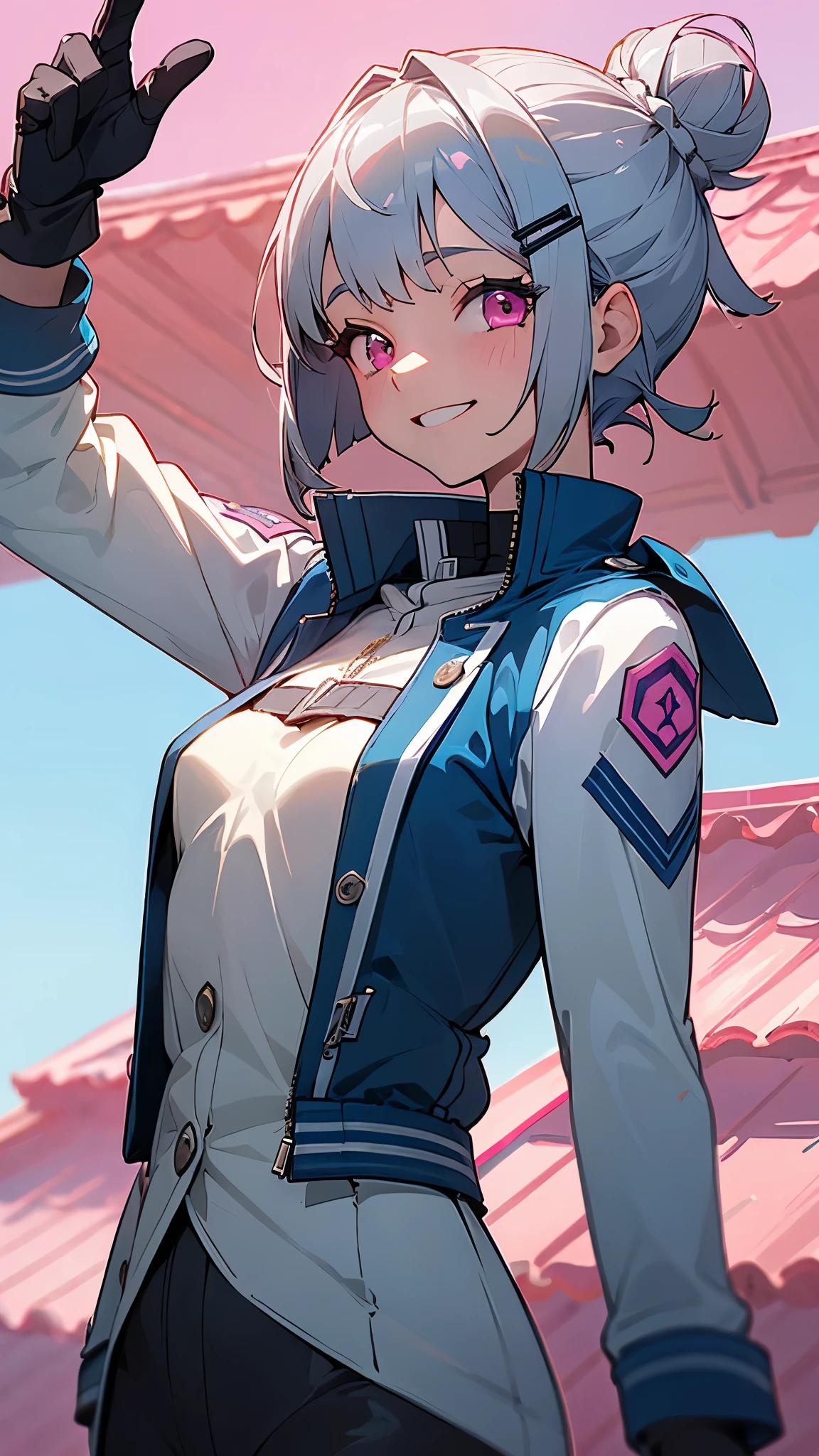 (highest quality、Extra fine、genuine)、1 girl、riders jacket、small breasts、Silver short bob hair clip tied into a bun、pink eyes、From the side、gloves、grin、building roof roof、blue sky、upper body close-up、sharp outline