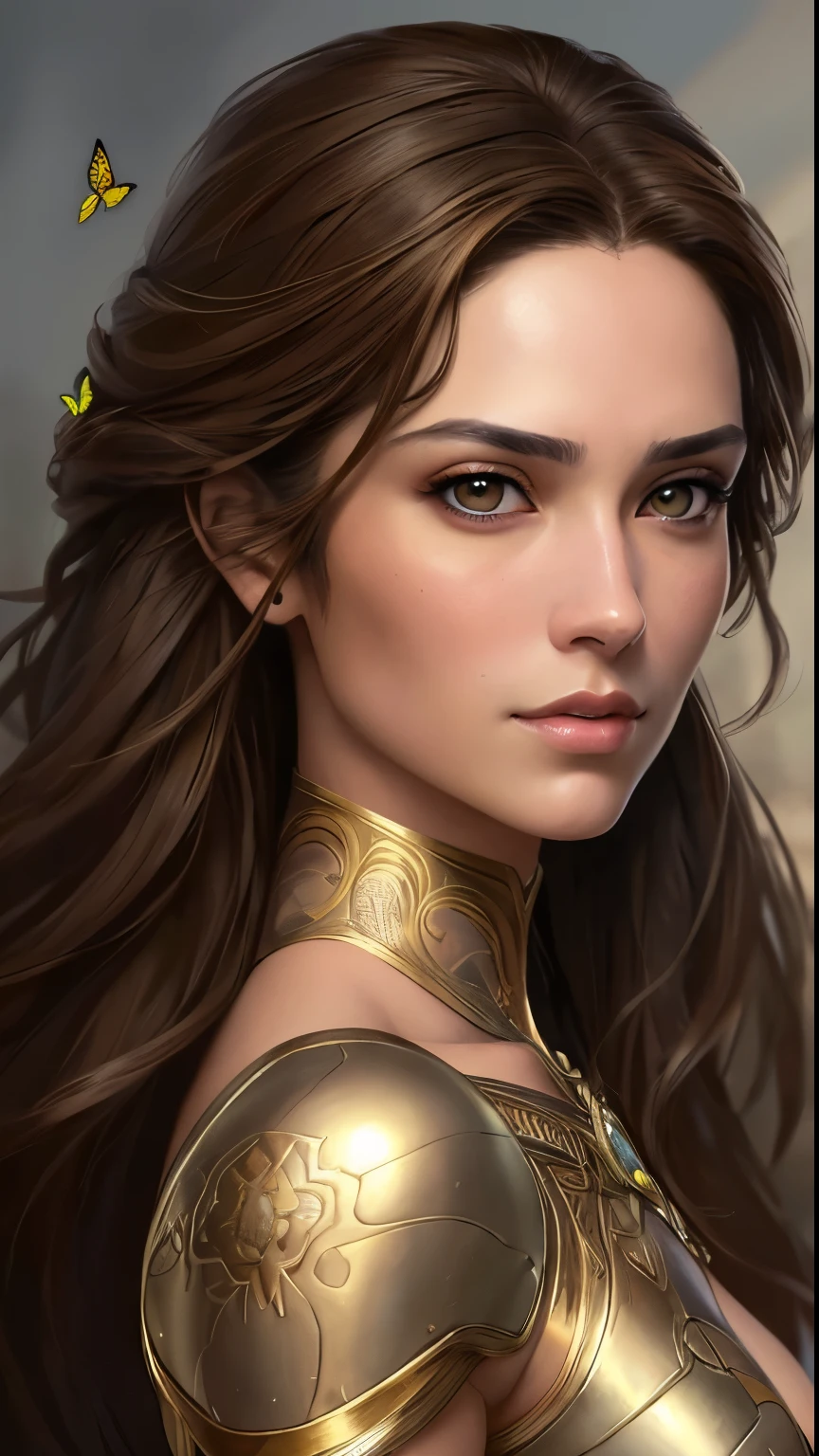 8K portrait of a beautiful cyborg with brown hair, intrincado, elegant, muy detallado, majestuoso, digital photography, arte de artgerm y ruan jia y greg rutkowski pintura surrealista filigrana de mariposa dorada, pieza de vidrio rota, side lighting, hermosos ojos finamente detallados: 1.2), HDR,