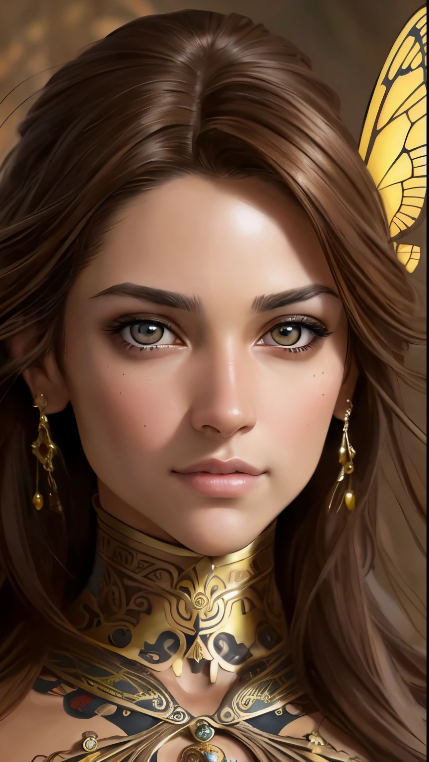 portrait Adriana Lima, wearing breasts bee costume, against the background of a beehive, character portrait, 3 9 9 0 s, short hair, intricate, elegant, highly detailed, digital painting, artstation, concept art, smooth, sharp focus, illustration, art by wlop, charlie bowater and alexandra fomina, 36k