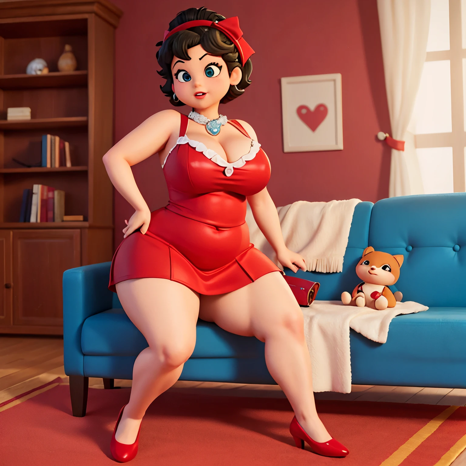 Betty boop, chubby, large chest, thicc thighs, red dress, sitting on couch