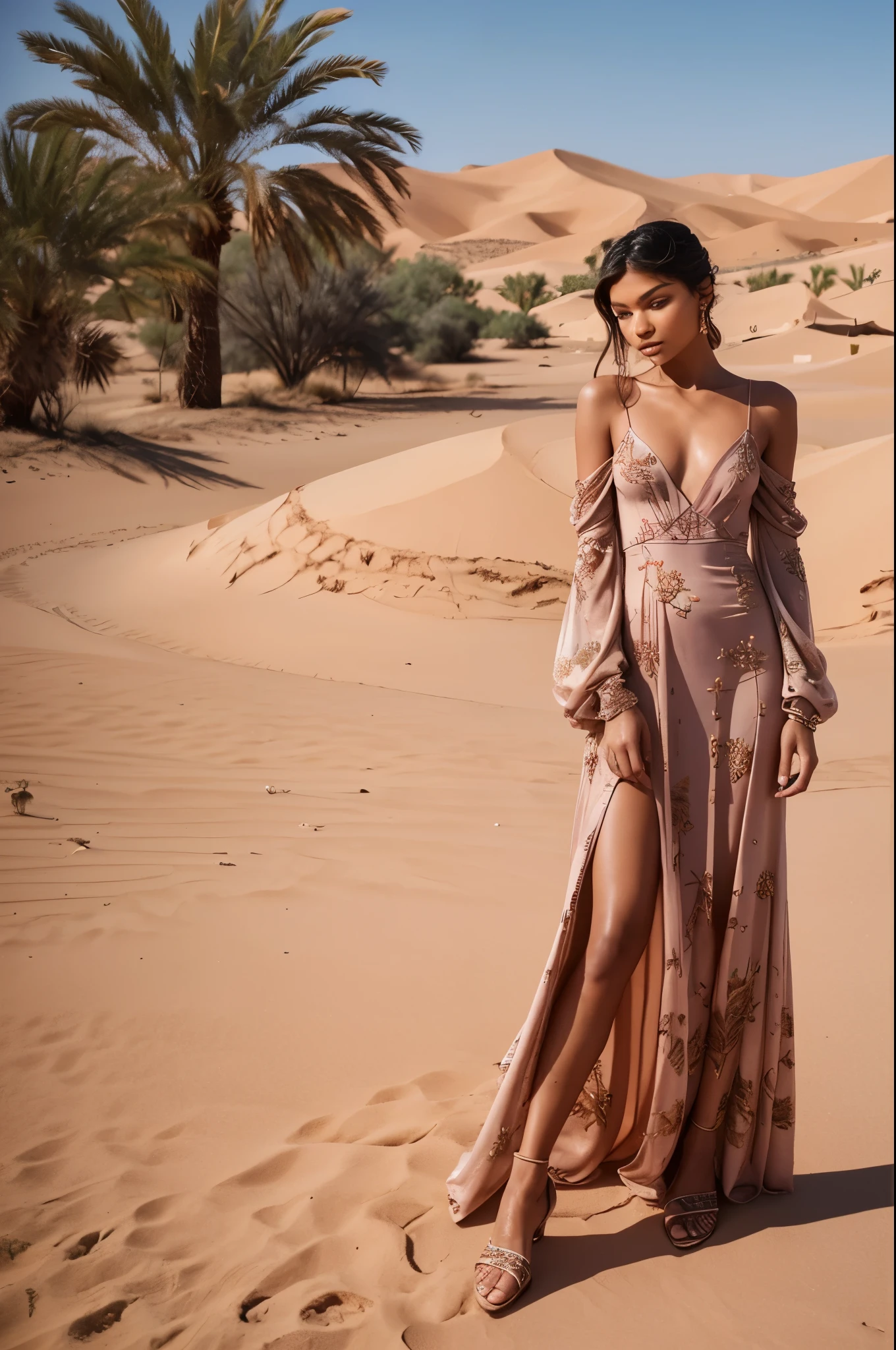 The model stands in the shooting position in the desert of Alaa wearing Inspired by a dress Zendaya wore a #GiorgioArmaniPrivé antique rose silk gown featuring an embroidered palm tree print to present the 96th Academy Awards. ⁣
