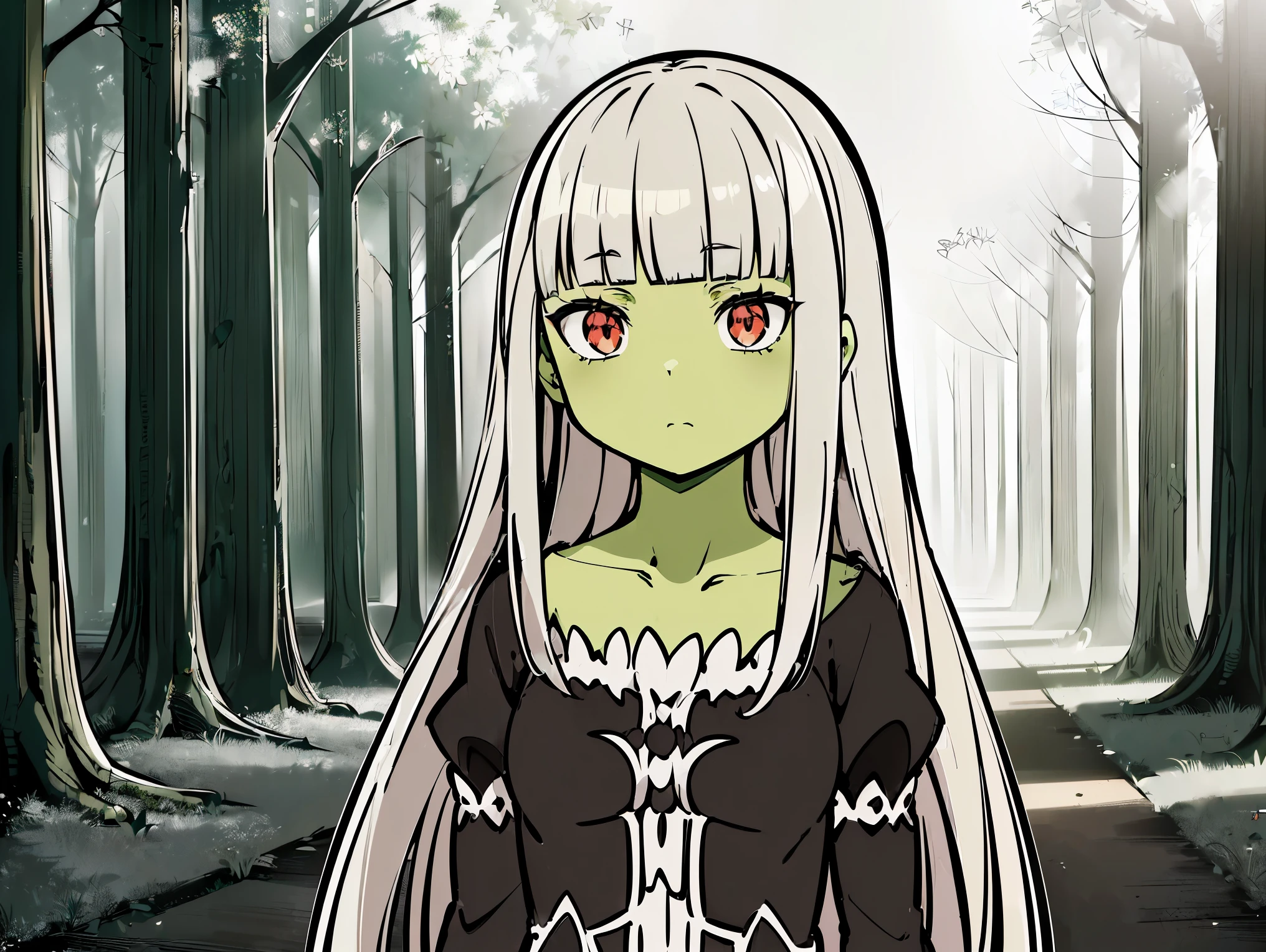 Concept art, ((CG)), ((1girl)), ta, (Orc), ((((Green skin)))), ((((long silver hair)))), (((blunt bangs))), red eyes, ((cabelo emaranhado)), ((((sonolenta)))), desleixada, ((melhor qualidade)), ((no expression)), ((obra de arte)), ((black dress)), (detalhado), rosto perfeito, ((style novel)), cores beautiful, ((((style de arte Rezero)))), (((in ancient city built in the forest))), ((((anime_collors)))).
