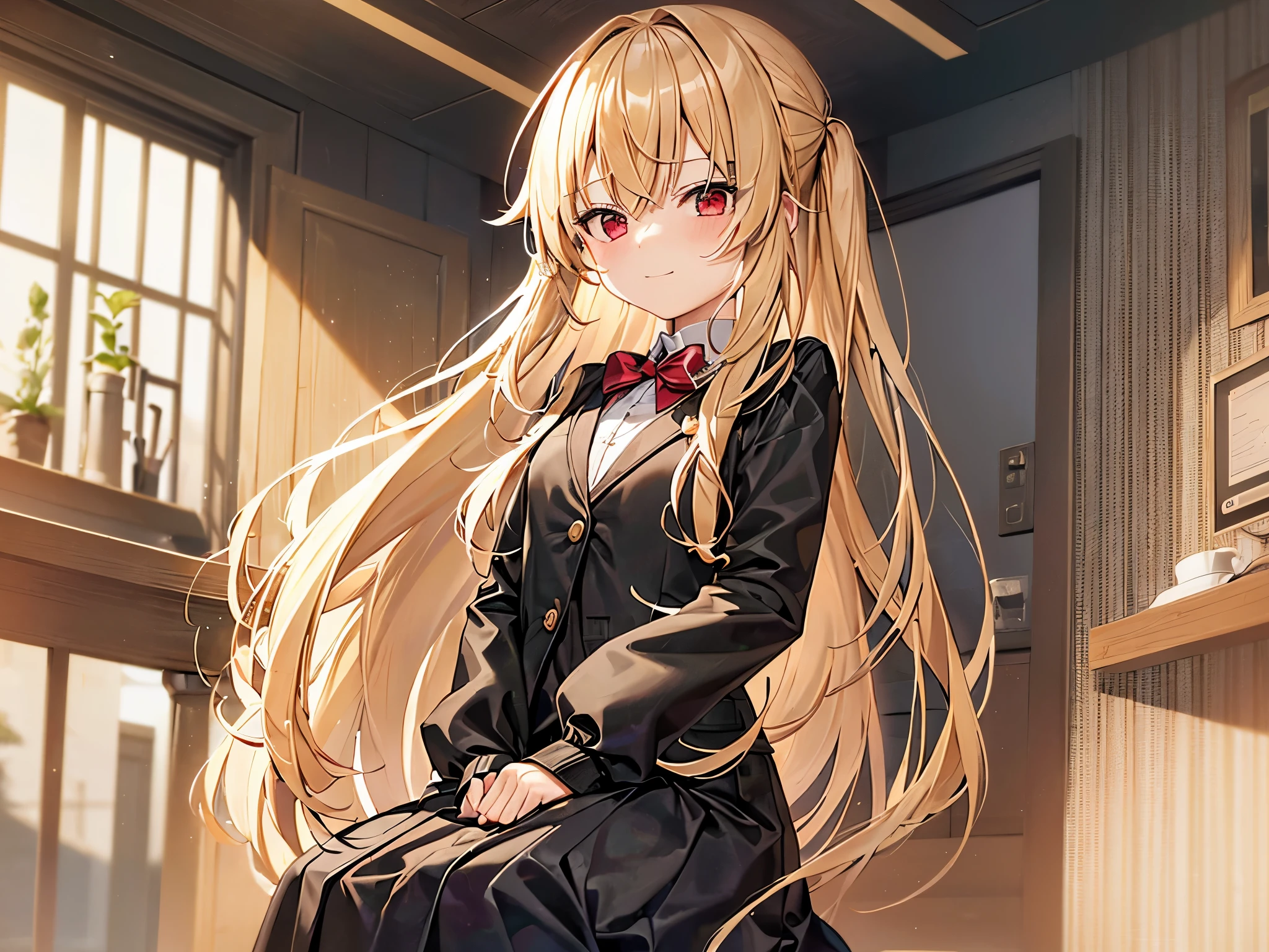 girl with blonde hair, 7 years old,;;;;;;;;, red eyes, long hair,Green braid tied in bows left and right.........,, Wear a black work suit, Wear a heart mask and sit in a chair in front of a computer screen.....With a slightly smiling face.................