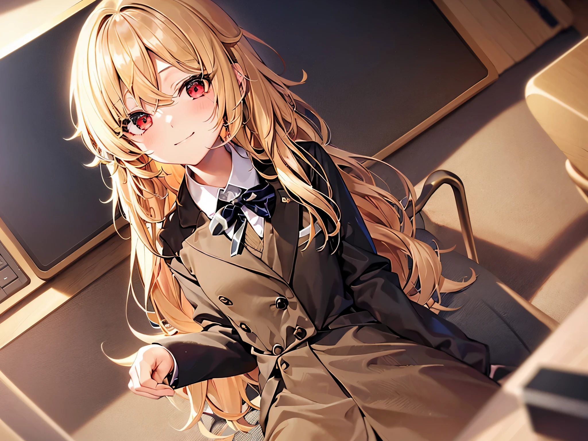 girl with blonde hair, 7 years old,;;;;;;;;, red eyes, long hair,Green braid tied in bows left and right.........,, Wear a black work suit, Wear a heart mask and sit in a chair in front of a computer screen.....With a slightly smiling face.................