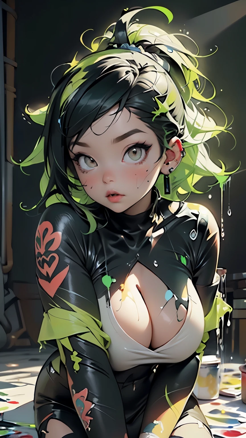(Accentuated super huge enormously gigantic tits, cleavage showing:1.2), flat stomach, curvy thick body, small stature, baby face,lustrous skin, bright skin,shiny skin,purple eyes,vibrant colors,rich colors,(((liquid neon green paint hair, arching her back, sexy seductive slutty pose, tattoo sleeves and piercings, full body portrait:1.1))) ,((made of paint and defies gravity,thick flowing),(paint splatter:1.3), (shiny hair: 1.3),