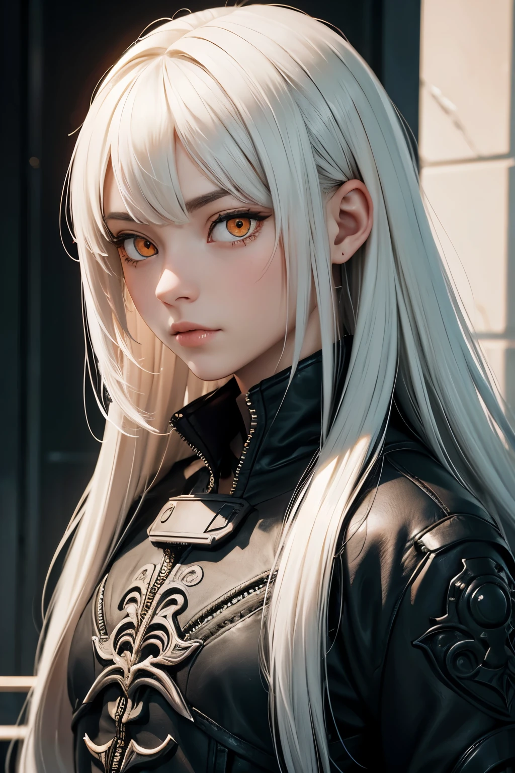 style of Tsutomu Nihei,(incredibly absurdres, (high resolution:1.18), intricate detail, (masterpiece:1.1), (highest quality:1.1), absurdres),(1girl, portrait, white hair, orange eyes, long hair, detailed eyes),