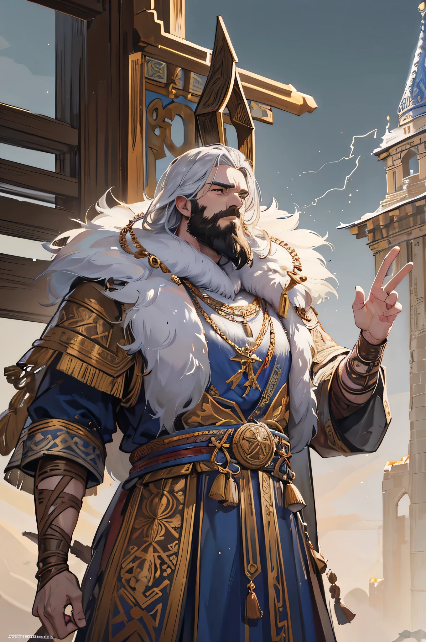 Peru, Slavic god of thunder and lightning, a stern look, God of Thunder, Slavic mythology, patron of the prince and the squad, supreme god of the Slavic pantheon, Slavic mythology, Russian deity, Slavic clothing, Slavic attributes, Slavic patterns on clothes, Slavic ornament, Ancient Russian clothes Ancient Russian patterns on clothes, Old Russian ornament, thick beard, (Illustration, Masterpiece, very detailed, Best quality,cinematic lighting, detailed background, A high resolution)