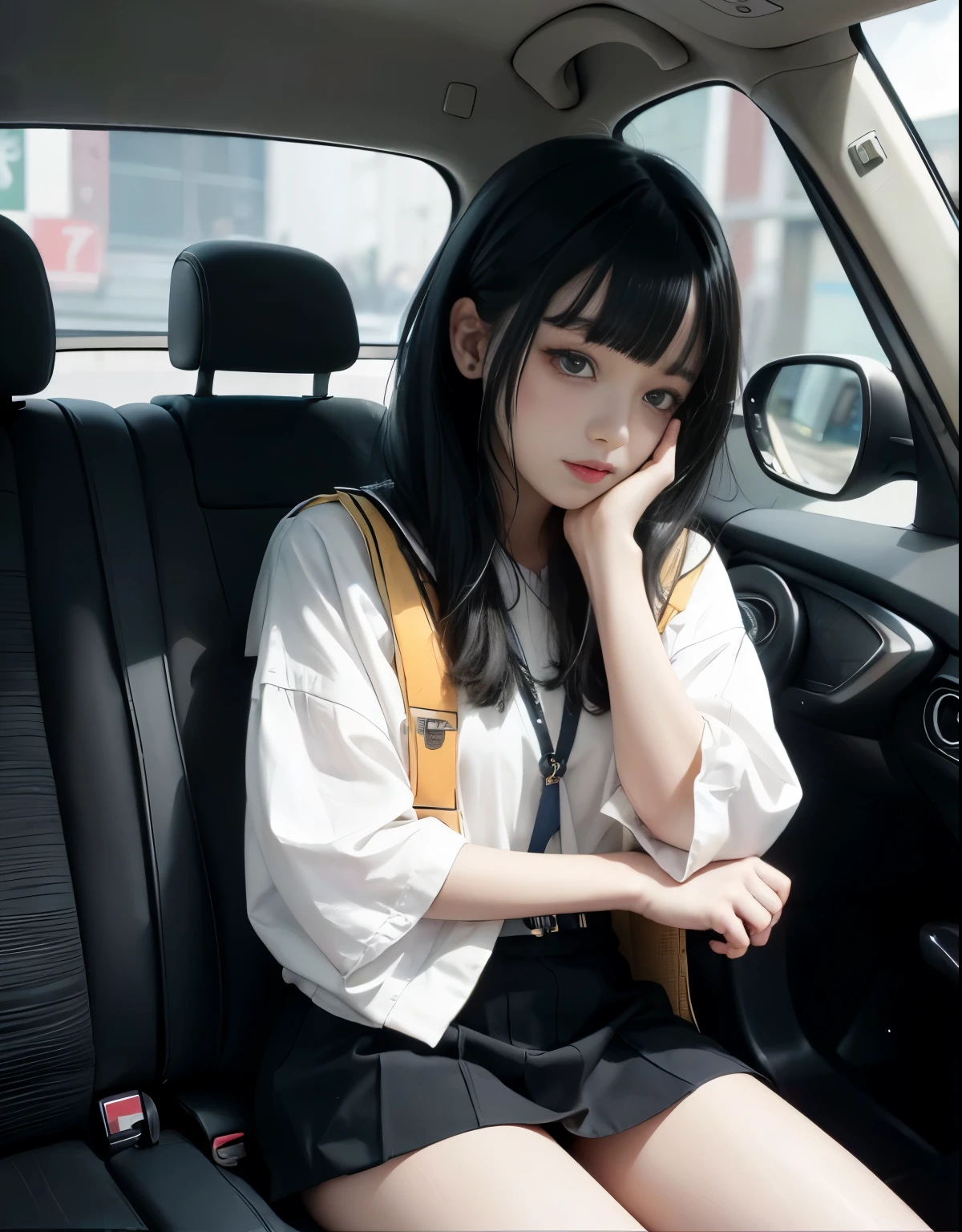 財布を手に車に座るアラフィーwoman, woman, beautiful young、 sitting in her car, 19 year old girl, attractive girl, cool girl、Girl、mini skirt、