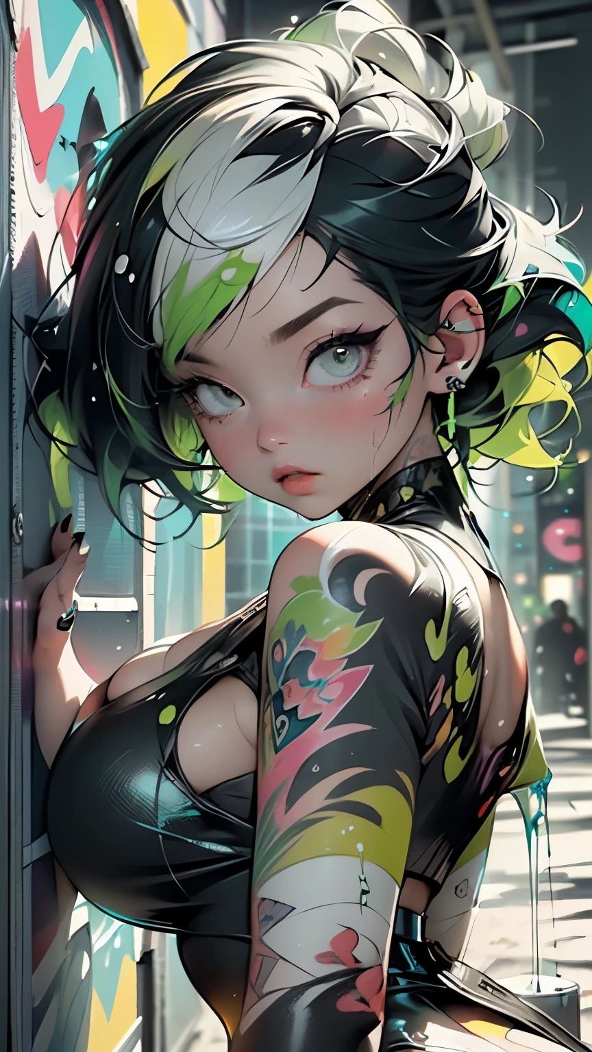 (Accentuated super huge enormously gigantic tits, cleavage showing:1.2), flat stomach, curvy thick body, small stature, baby face,lustrous skin, bright skin,shiny skin,purple eyes,vibrant colors,rich colors,(((liquid neon green paint hair, arching her back, sexy seductive slutty pose, tattoo sleeves and piercings, full body portrait:1.1))) ,((made of paint and defies gravity,thick flowing),(paint splatter:1.3), (shiny hair: 1.3),