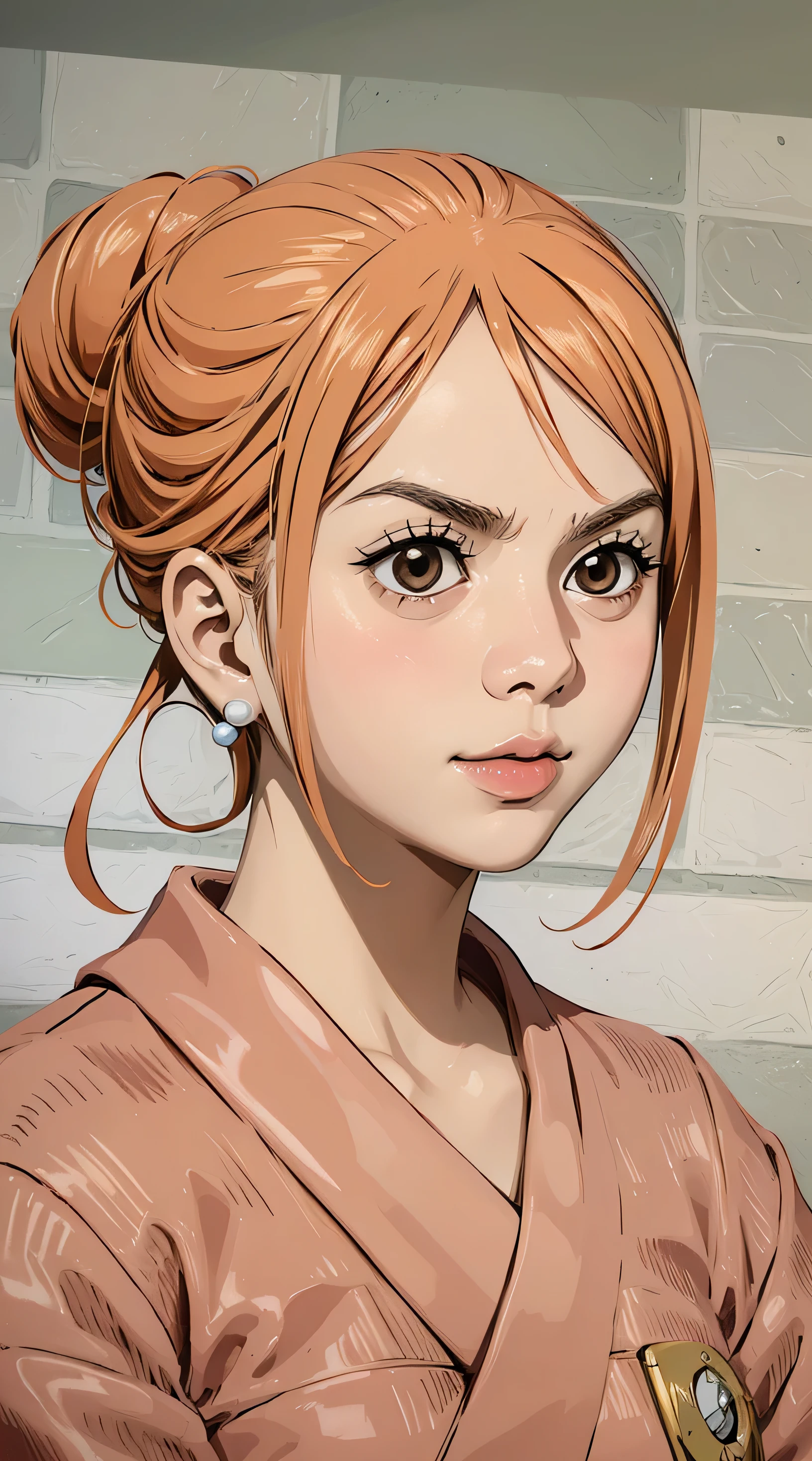 NamiFinal, Nami from the anime One Piece, orange hair, hair in a bun, beautiful, beautiful woman, perfect body, perquali, wearing a kimono, wearing earrings, wearing a watch, in the park, cherry tree, traditional house japan, looking at viewer, slight smile, realism, masterpiece, textured leather, super detail, high detail, high quality, best quality, 1080p, 16k