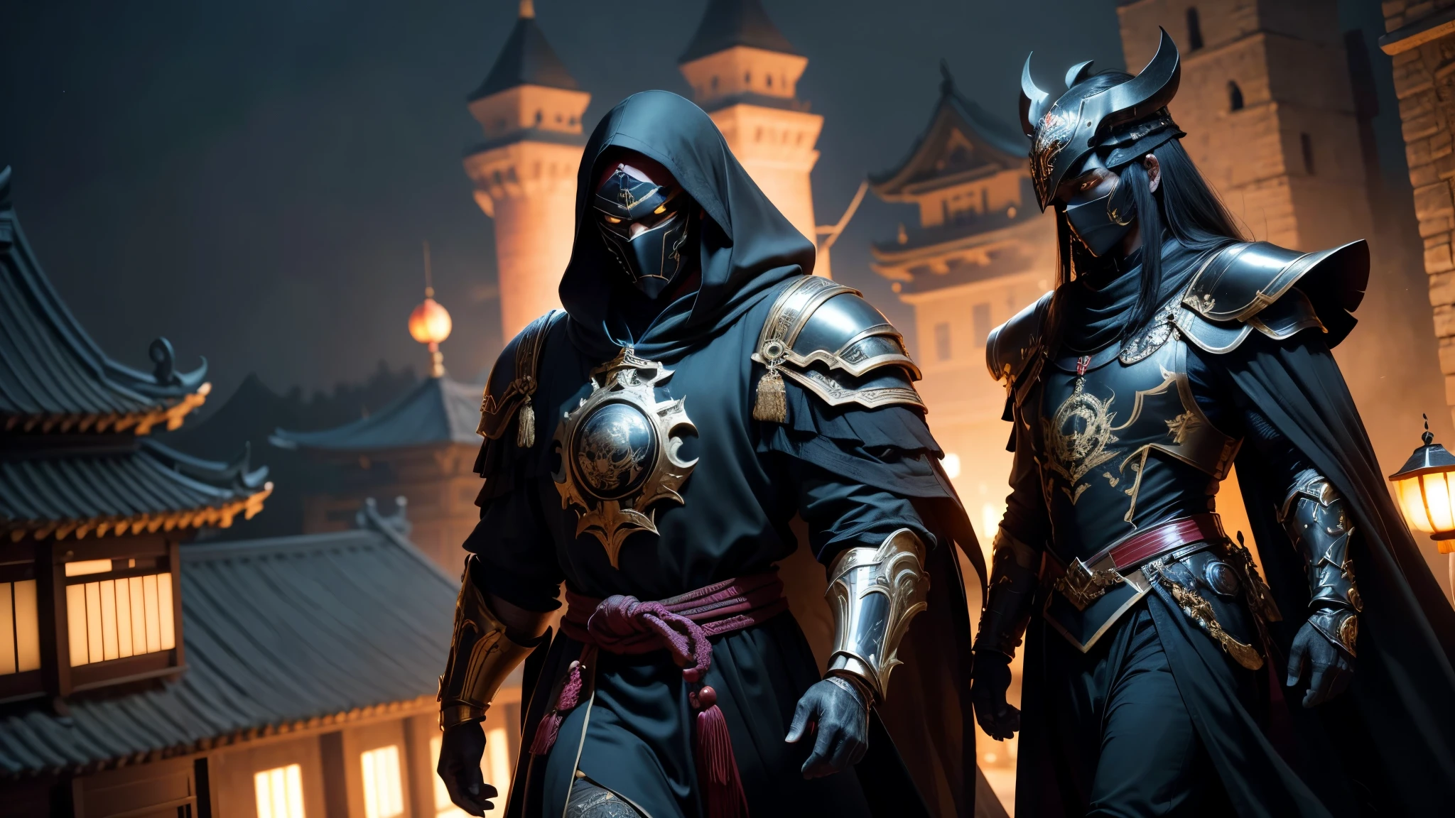good quality, ultra high resolution，masterpiece, 8K，（reality，detail，close up）night，Three people wearing ancient black costumes，Masked Chinese man，Walking in，on the roof of the castle，whole body effect