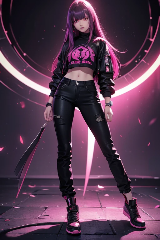 high resolution, Mejor calidad, extremadamente detallado, guerrera femenina, sudadera, pantalones negros, zapatos, neon crimson eyes, figura esbelta, catana en sus manos, color morado, (foto de cuerpo completo:1.2)