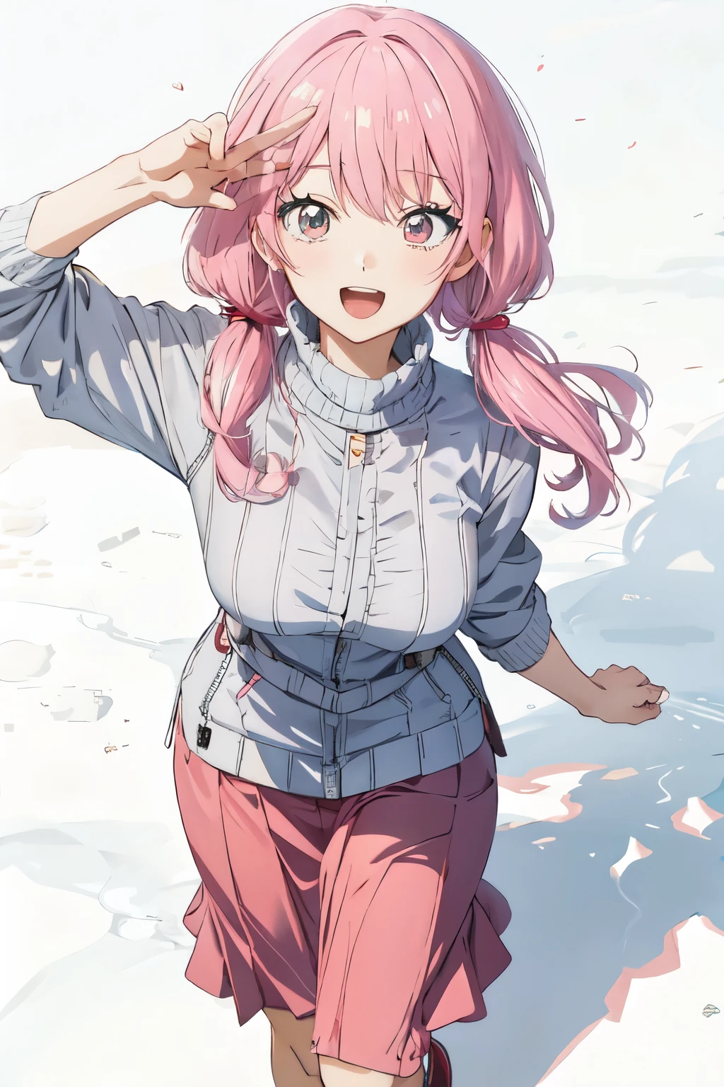 anime girl with pink hair and a gray shirt and red skirt, anime visual of a cute girl, smooth anime cg art, cute anime girl, young anime girl, an anime girl, female anime character, (anime girl), pretty anime girl, anime character art, anime character, anime girl, portrait anime girl, anime moe artstyle, sayori, anime best girl (BEAUTIFUL SMILE) 