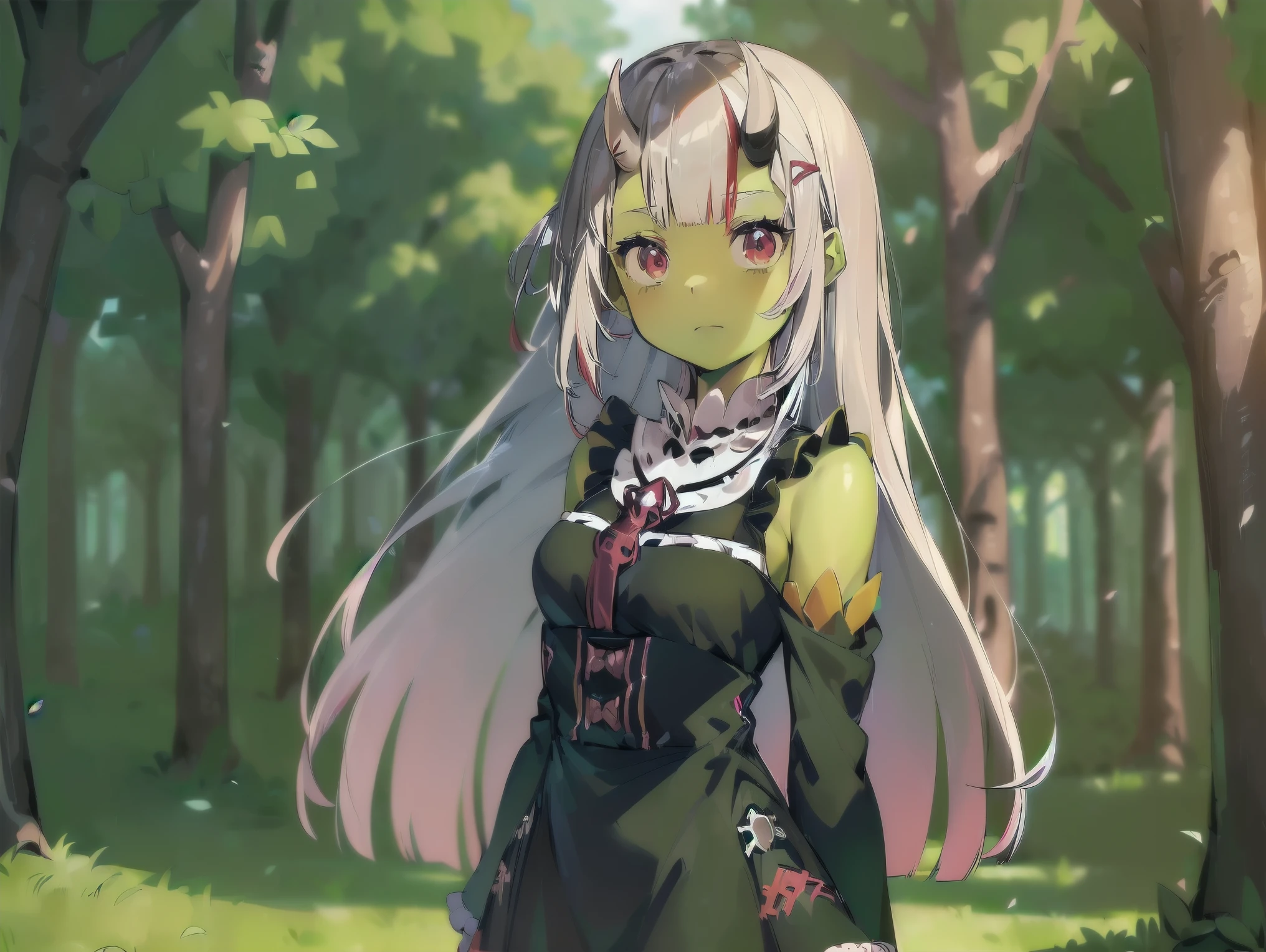 Concept art, ((CG)), ((1girl)), Lolita, (Orc), ((((Green skin)))), ((((long silver hair)))), (((blunt bangs))), red eyes, ((cabelo emaranhado)), ((((sonolenta)))), desleixada, ((melhor qualidade)), ((no expression)), ((obra de arte)), ((black dress)), (detalhado), rosto perfeito, ((style novel)), cores beautiful, ((((style de arte Rezero)))), (((in ancient city built in the forest))), ((((anime_collors)))).