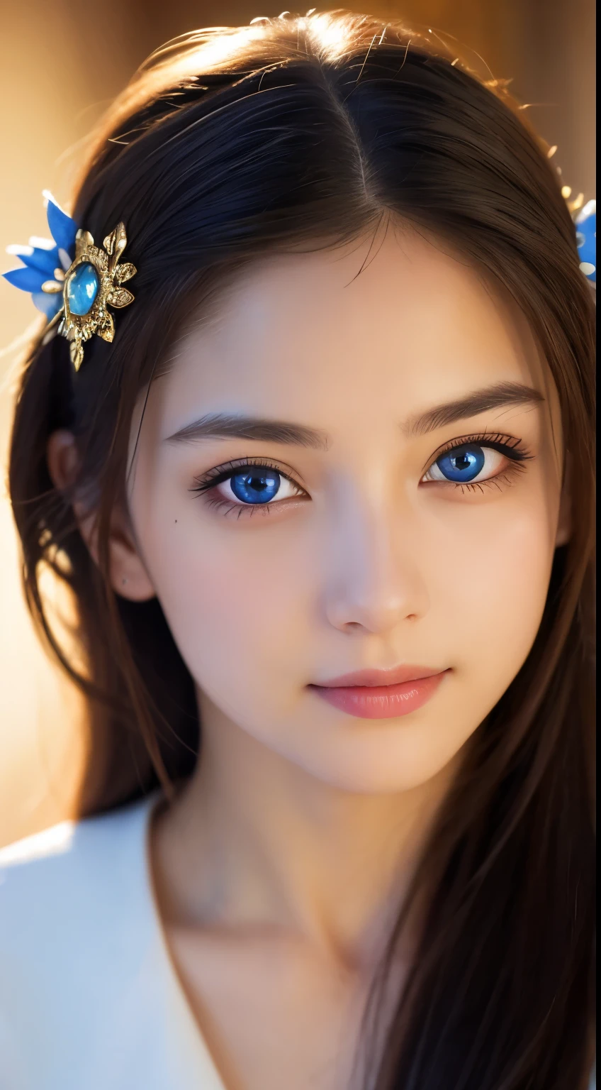 masterpiece, highest quality, Raw foto, photorealistic, smile, beautiful girl, cute, Hair up, Depth of the bounds written, High resolution, Super detailed, details, highly detailed eyes and face, mesmerizing sapphire eyes, Realistic pupils, sharp focus, Cinematic lighting, upper part of the body, headband