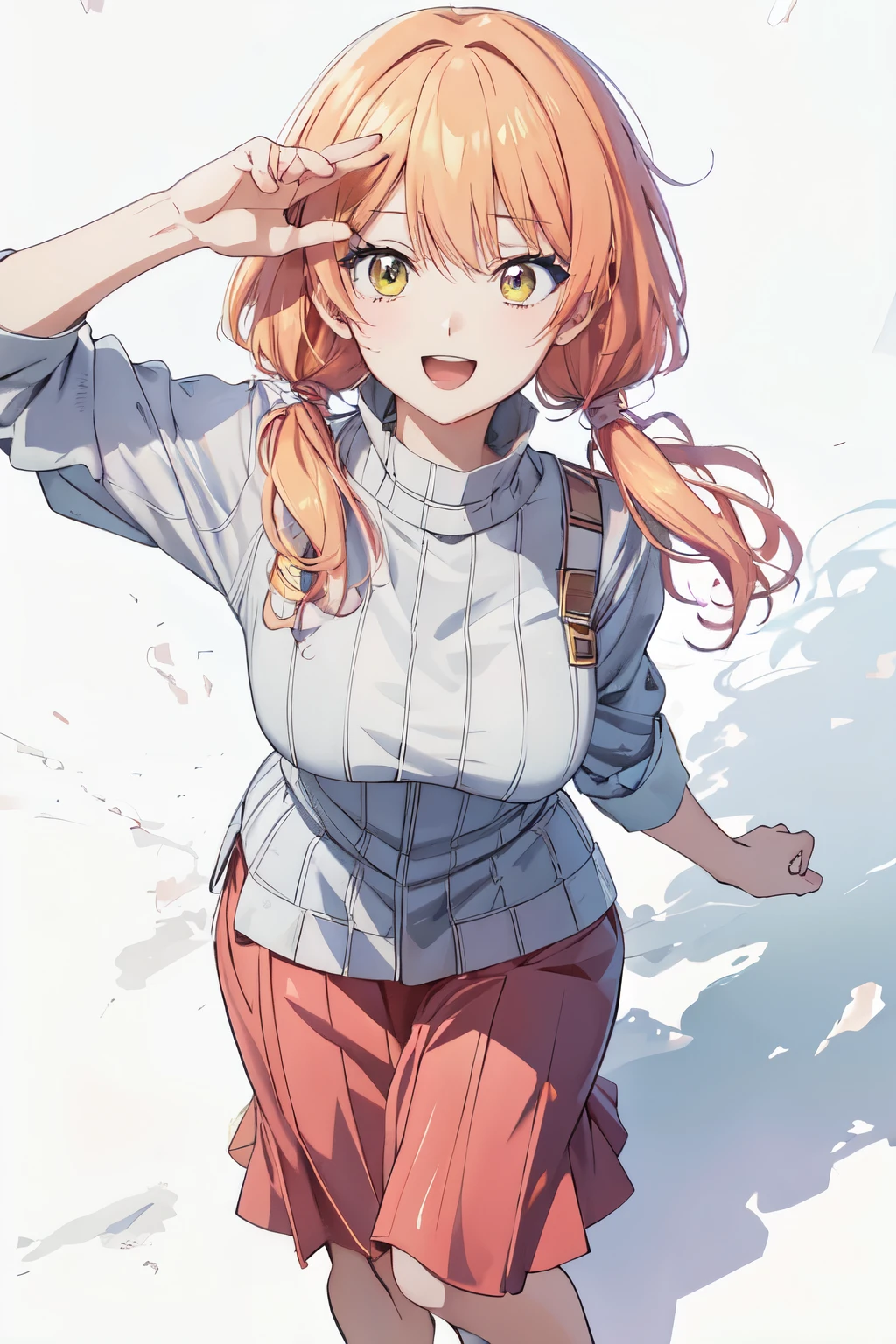 anime girl with yellow hair and a gray shirt and yellow skirt, anime visual of a cute girl, smooth anime cg art, cute anime girl, young anime girl, an anime girl, female anime character, (anime girl), pretty anime girl, anime character art, anime character, anime girl, portrait anime girl, anime moe artstyle, sayori, anime best girl (BEAUTIFUL SMILE) (YELLOW HAIR) (YELLOW EYES) 