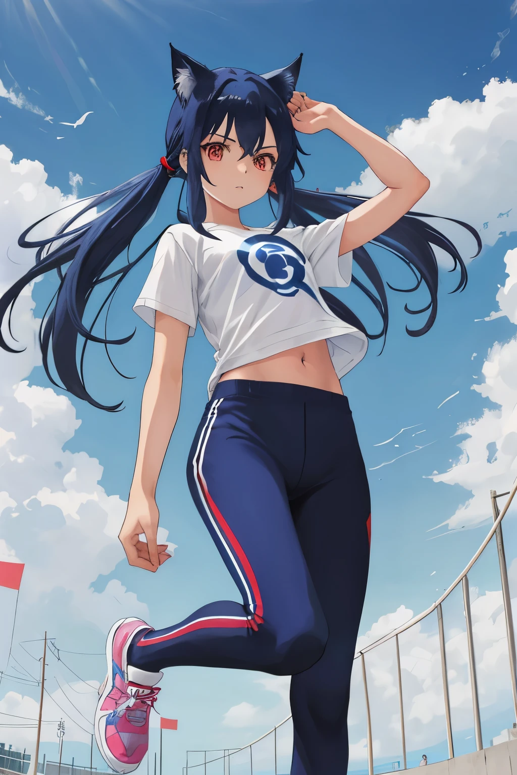 un dibujo estilo anime de una chica gato alta y atletica, con pelo largo, azul Capri y ojos rojos, con un pantalon de cuero negro, sin zapatos y con una camisa sin mangas.