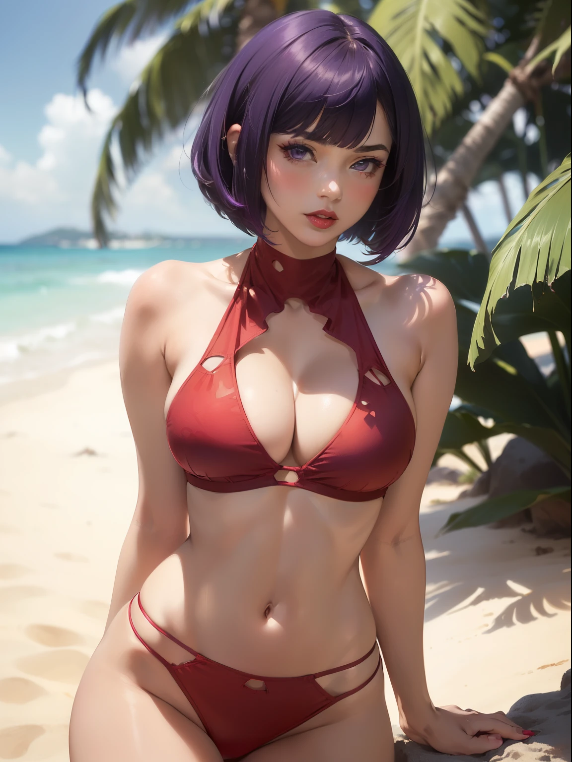 (masterpiece, best quality, cinematic, photorealistic, ultra-detailed), 1girl, sexy body, (medium shot, from the front:1.5), perfect hands, wide hips, (bursting breasts, large cleavage:1.3), (round ass), (short and sleek purple hair, with bangs and bob cut:1.4), (seductive pose:1.4), (gray eyes, detailed eyes, detailed pupil, blushing, fluffy lips, thick lips, red lips, glossy lips), (wearing bikini boasts high-waisted bottoms with intricate cutouts and a crop-style top, adorned with subtle bold prints for a contemporary edge:1.5), (half-naked), (setting crossed legs in the sand)