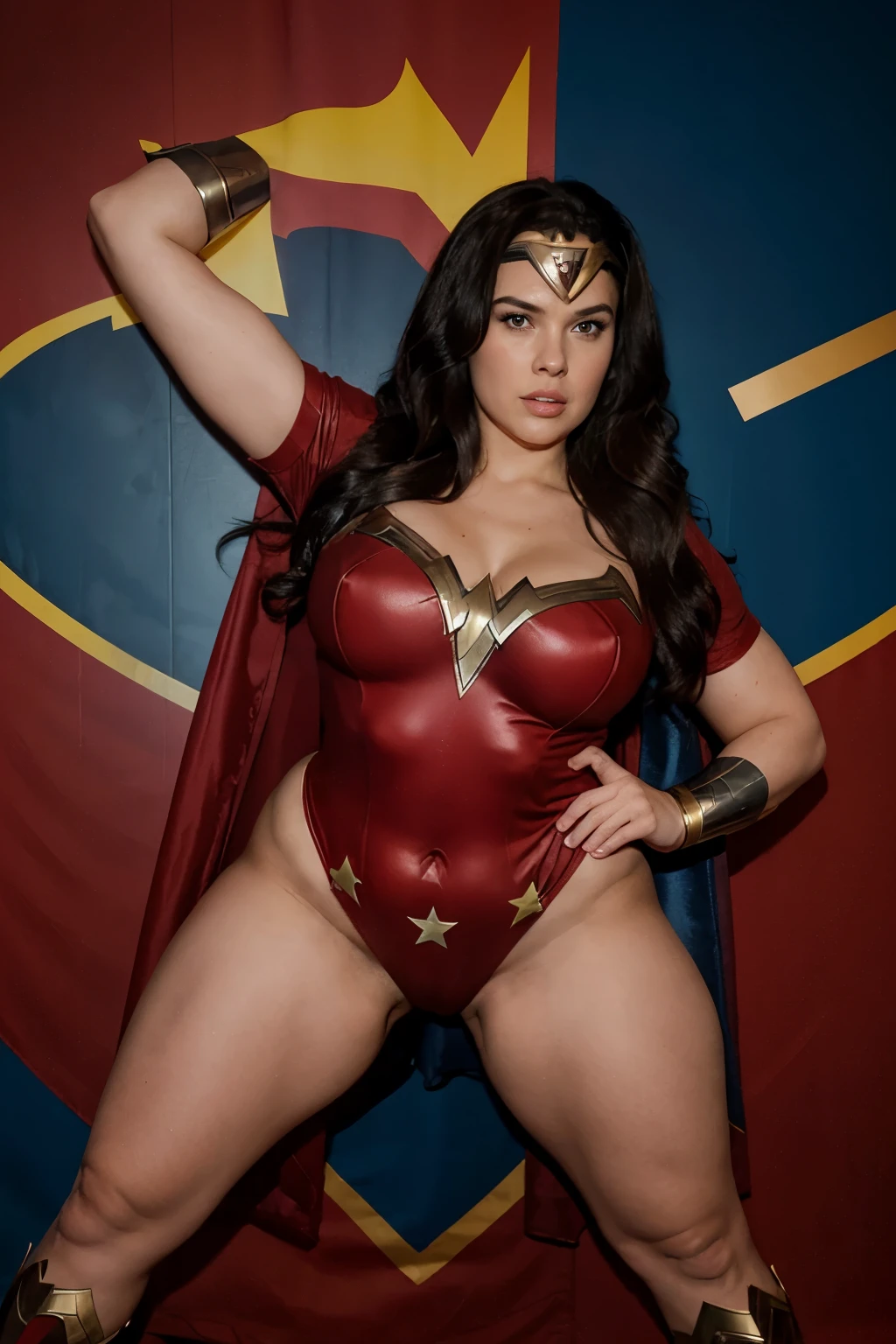 
bbw wonderwoman is standing, her legs open, parlized, full body, sweat, full body, superhero position,