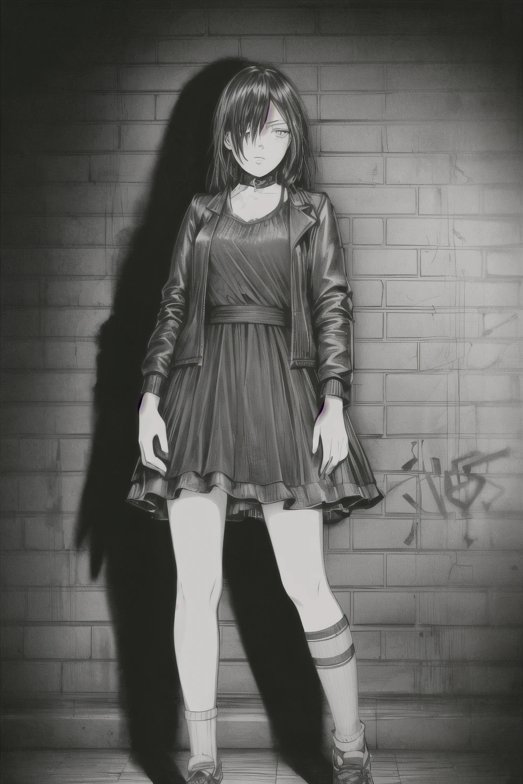 best quality, intricate details, lineart, monochrome,
1girl, long hair, black hair, messy hair, hair over one eye, sharp eyes,
choker, shirt, torn legwear, open jacket,
against wall, brick wall, graffiti, dim lighting, alley