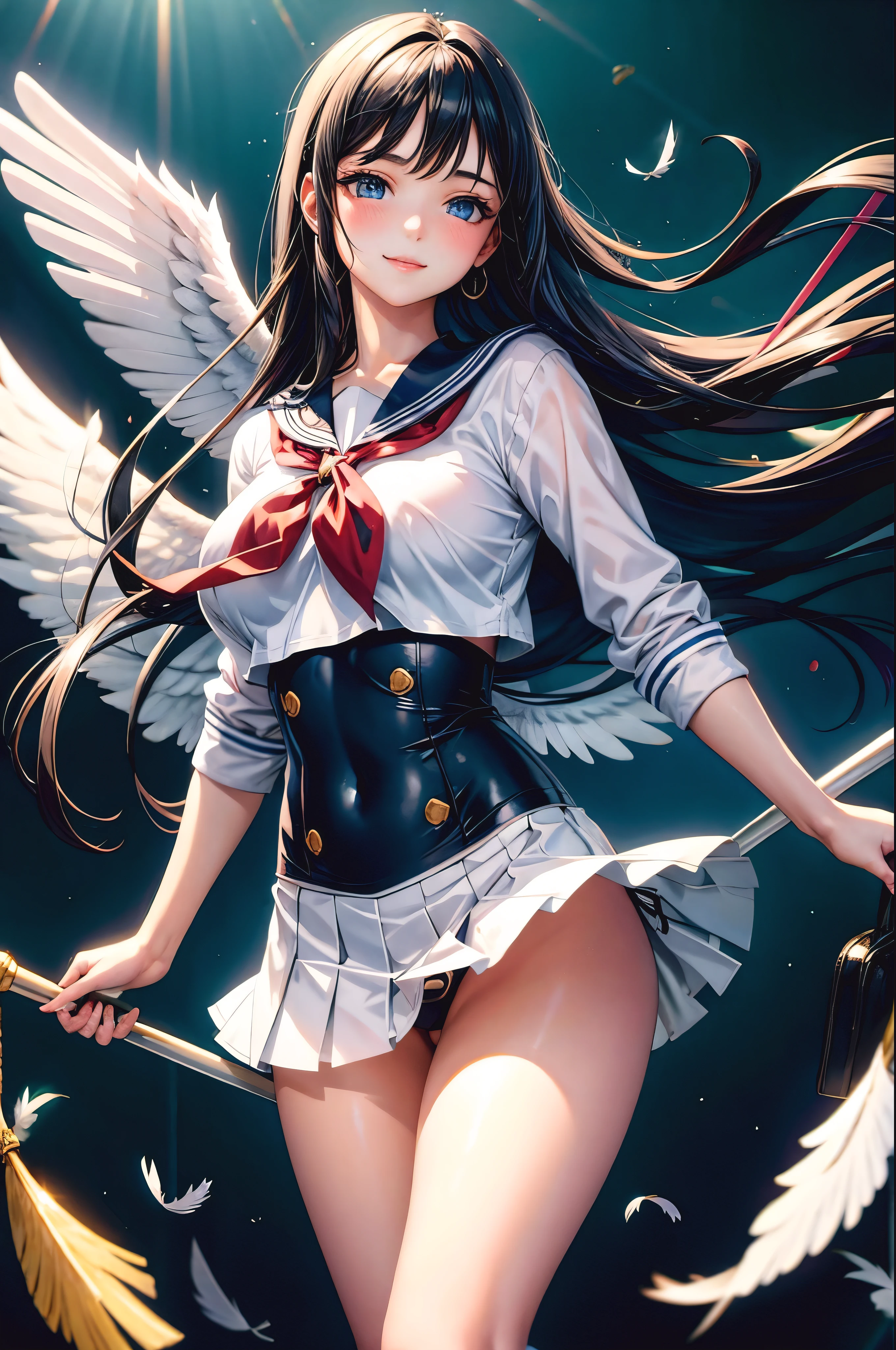 1 girl, 18-year-old, masterpiece, beautiful girl, Super detailed, highest quality, realistic, Transparent beauty, perfect face, detailed face, deep and fine eyes, sparkling eyes, (Shiny blue beautiful eyes with reflection), glossy black hair, Long straight floating hair, Expectant smile, blush, school sailor uniform, serahuku, crop top, (Floating mini skirt), white knee high socks, (big breasts), feather wings,angel wings, white wings, shot from below, looking at the viewer, morning,