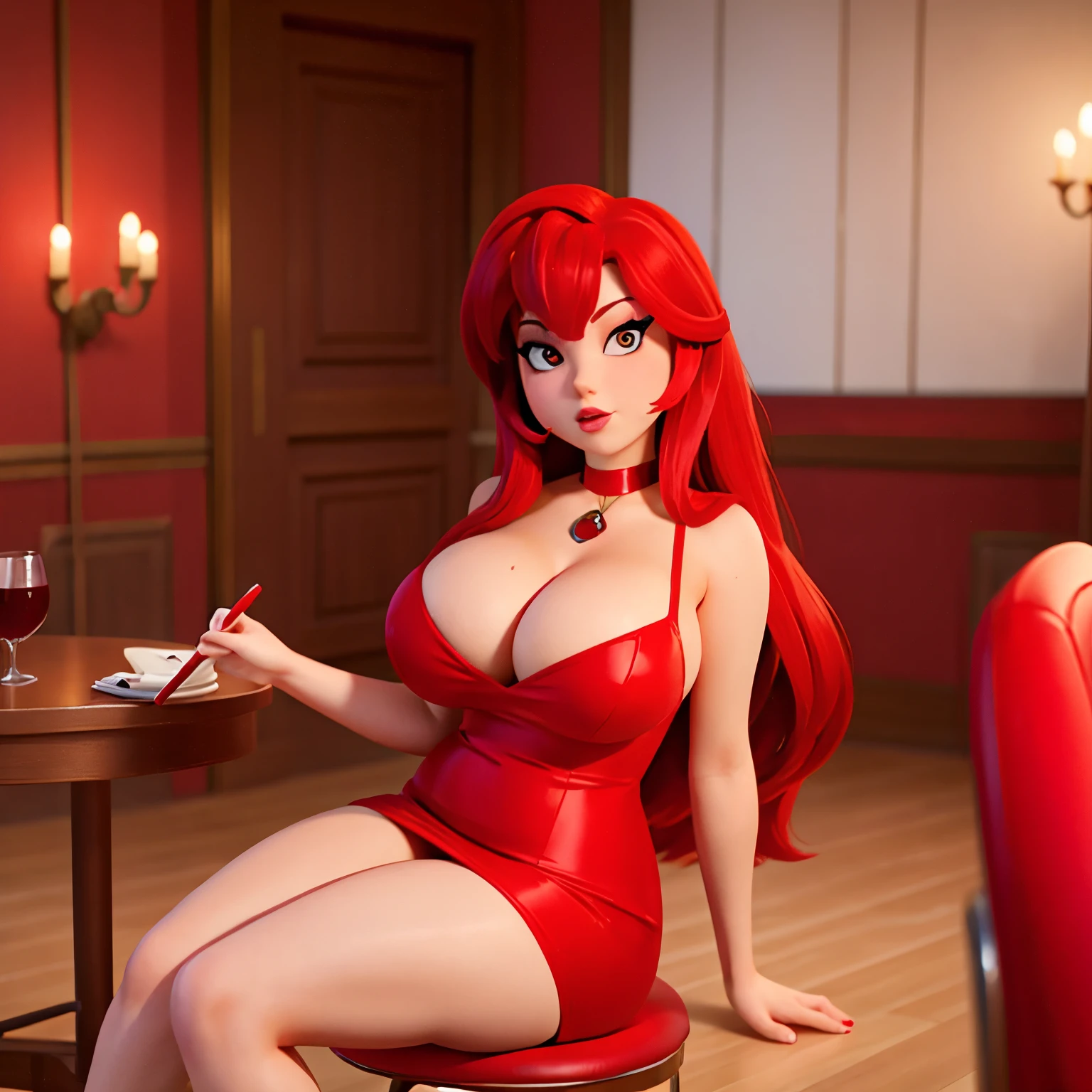 Jessica Rabbit, red hair, long hair, beautiful face, chubby, larger chest, red dress, cleavage, tight dress, thicc thighs, purple high heels, sitting on chair, lollipop, red,