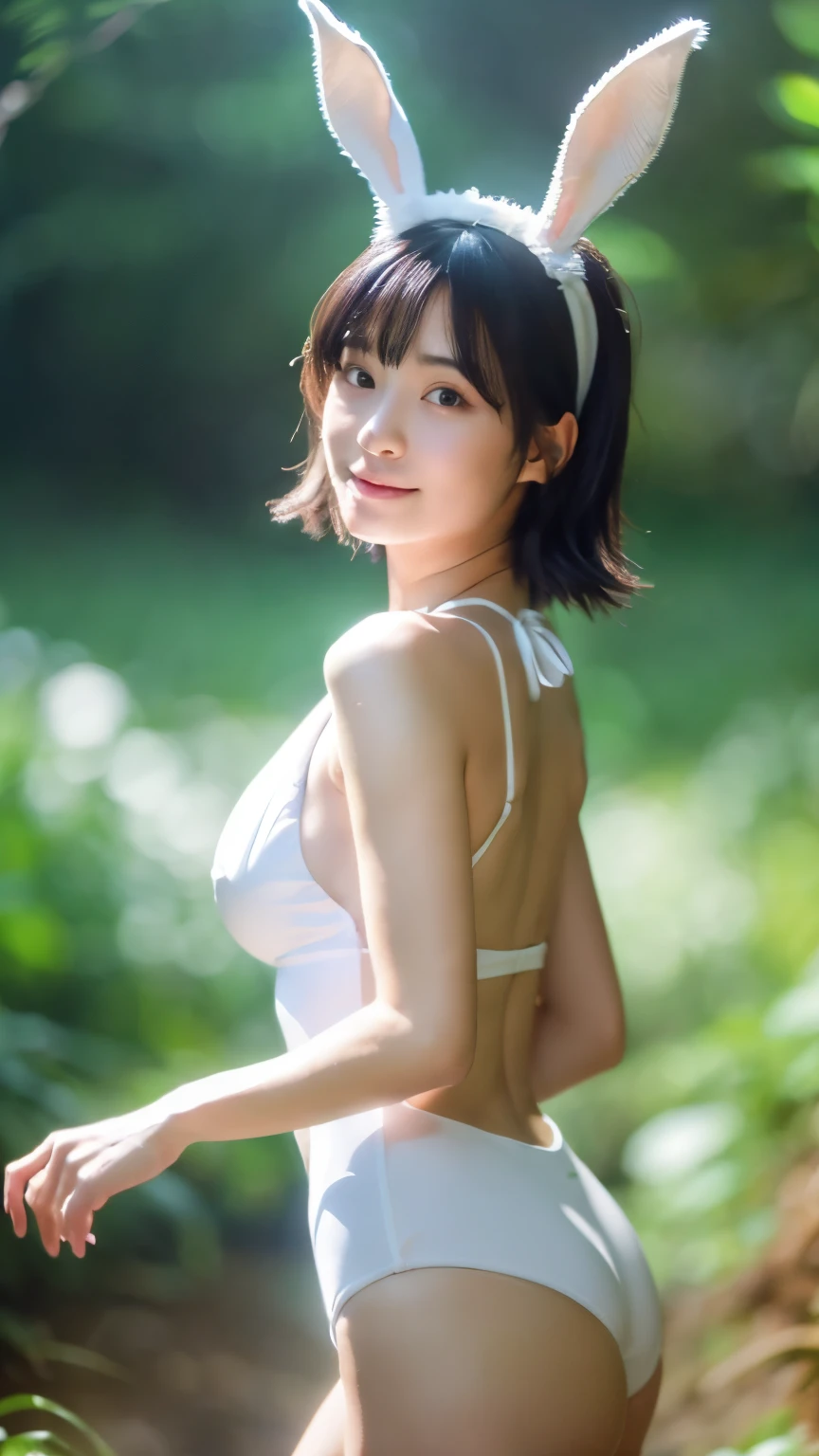 (8k、RAW photo、highest quality、masterpiece:1.5)、(realistic、Photoreal:1.5)、super detailed、超A high resolution、cinematic lighting、running in the forest、(((Beautiful woman wearing a white swimsuit)))、(((26 year old Japanese woman)))、(((Wearing a fluffy bikini with a white rabbit motif)))、、cute smile、Wrapped belly、dynamic angle、dynamic lighting、big breasts、cleavage、full body shot、black hair、Rabbit&#39;s tail is growing、Rabbit ears grow、idol face、sexy pose