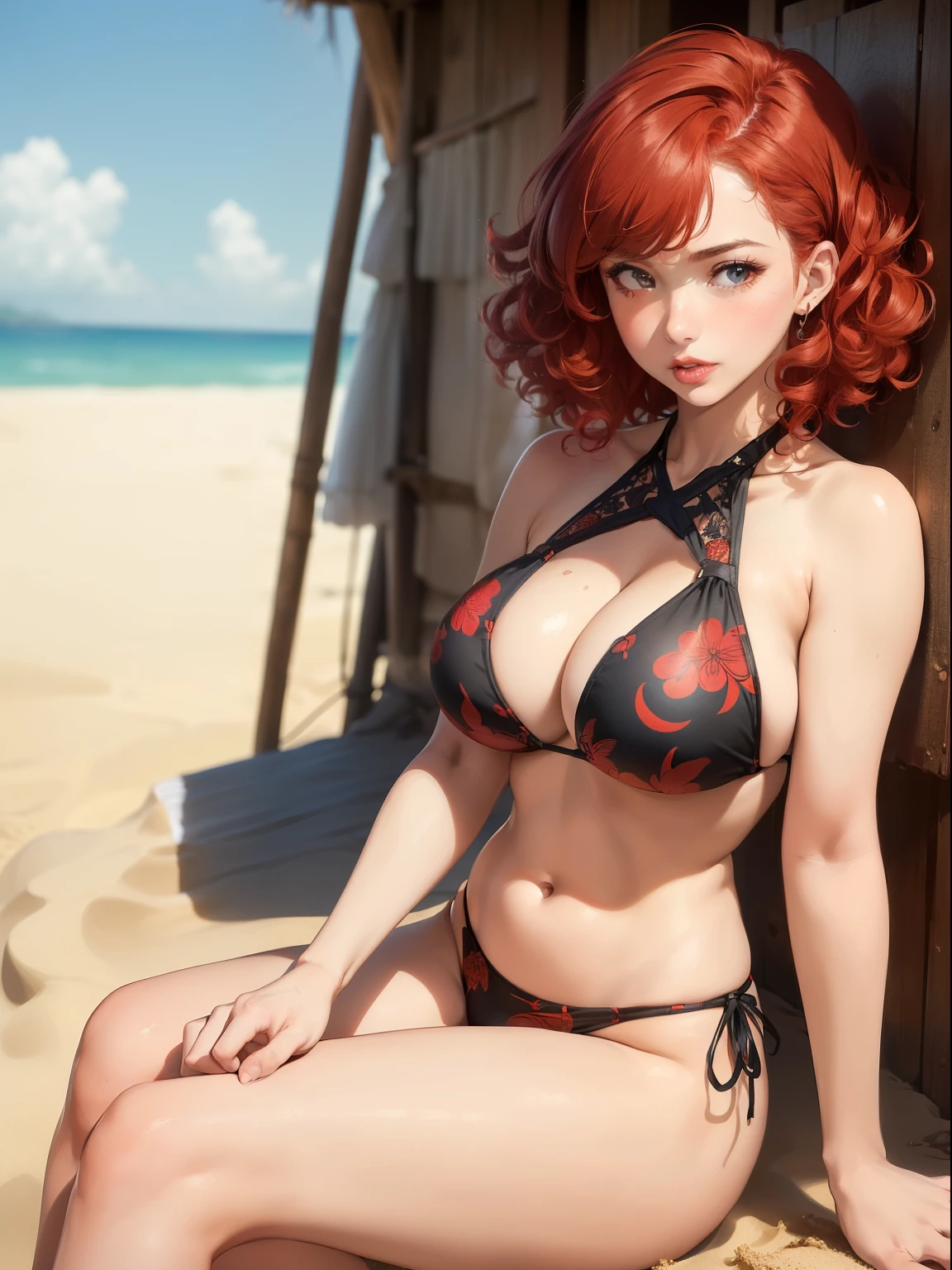 (masterpiece, best quality, cinematic, photorealistic, ultra-detailed), 1girl, sexy body, (medium shot, from the front:1.5), perfect hands, wide hips, (bursting breasts, large cleavage:1.3), (round ass), (short and curly red hair:1.4), (seductive pose:1.4), (gray eyes, detailed eyes, detailed pupil, blushing, fluffy lips, thick lips, red lips, glossy lips), (wearing bikini boasts high-waisted bottoms with intricate cutouts and a crop-style top, adorned with subtle bold prints for a contemporary edge:1.5), (half-naked), (setting crossed legs in the sand:1.4)