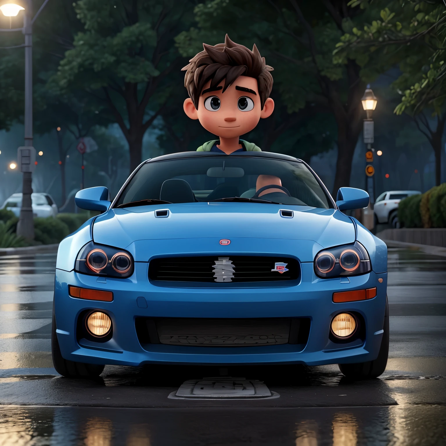 Describe la escena de un joven con capucha., vistiendo una sudadera negra y jeans, parado en la acera en una noche lluviosa. He is looking at a shiny GTR R35 car passing by on the road.., Your admiration visible in your eyes.. La luz de los faros se refleja en los charcos de agua que te rodean., while the rain falls softly on him. El sonido del potente motor resuena en el aire., mixing with the sound of the rain. The remains motionless., capturado por la elegancia y la velocidad del coche, Dreaming of the day when you can be behind the wheel of such an impressive machine..