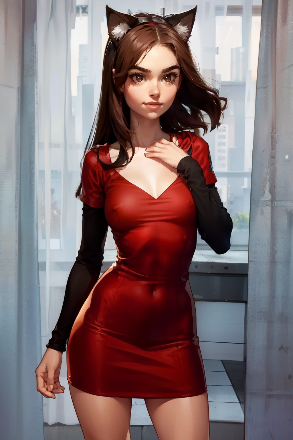 very young slim fit girl, full height, rounded face, very long disheveled dark brown hair, big brown eyes, sluty smile, perfect flat breast, band on head with fake cat ears, sashagrey, short simple red dress with short sleeve, torn sleeve hem, MFBP1, look at you