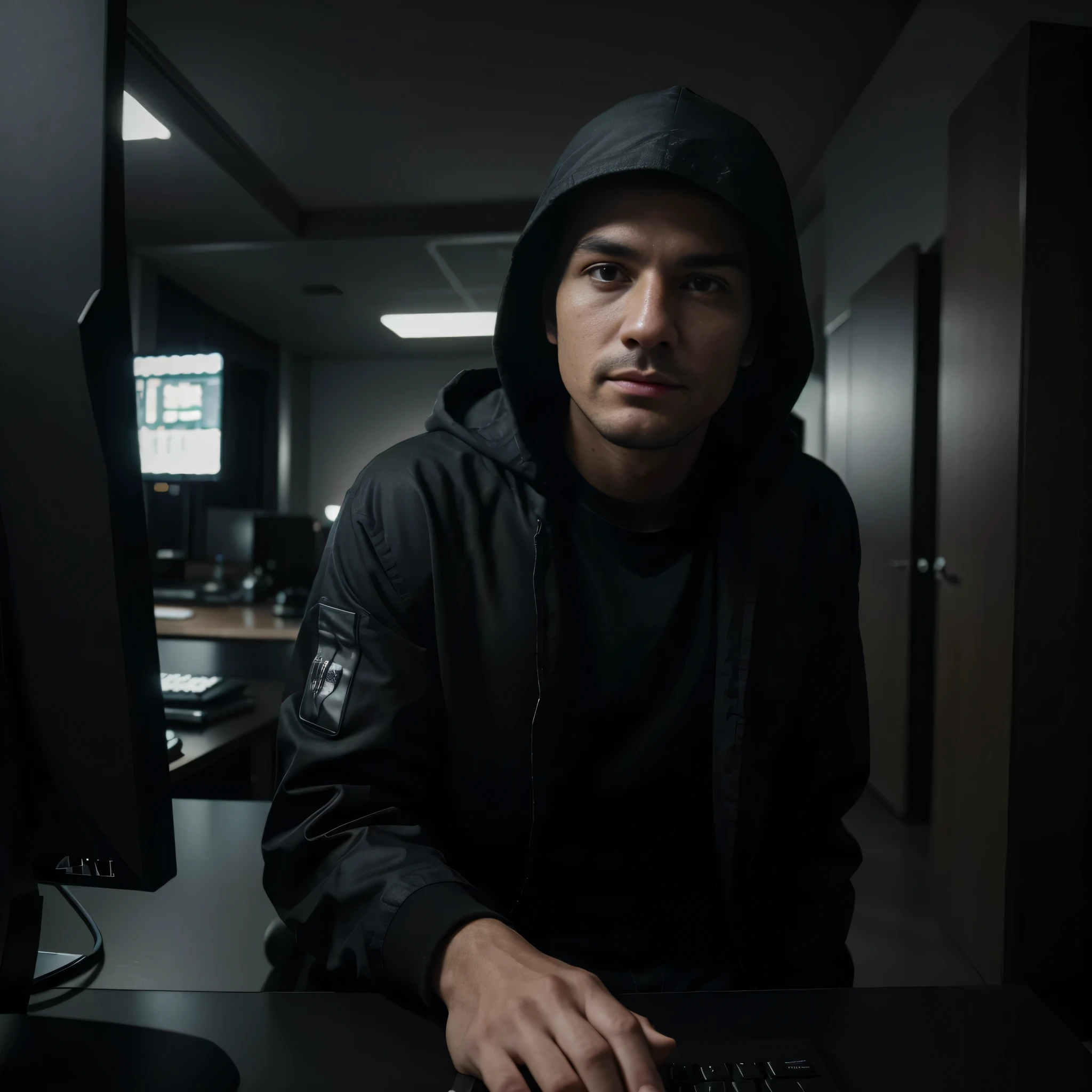 (melhor qualidade,4k,high resolution,obra de arte:1.2),ultra-detalhado,Realista:1.37,um homem sentado em um computador,hacker,capuz escuro,Ambiente Escuro,servidores,mystery