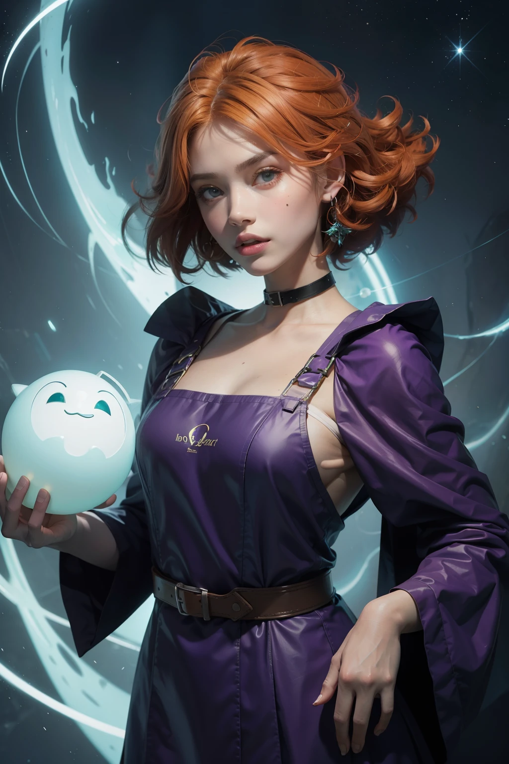 concept art, overhead angle of a Will-o'-the-wisp, wearing Funny Somali Emerald deep orange Pinafore, Caramel hair styled as Short hair, fluorescent purple Hair tie, equirectangular 360, Highres,  [(art by Willi Baumeister:1.1), (art by John T. Biggers:1.2)::17], official art, unity 8k wallpaper, ultra detailed, aesthetic, masterpiece, best quality, photorealistic
