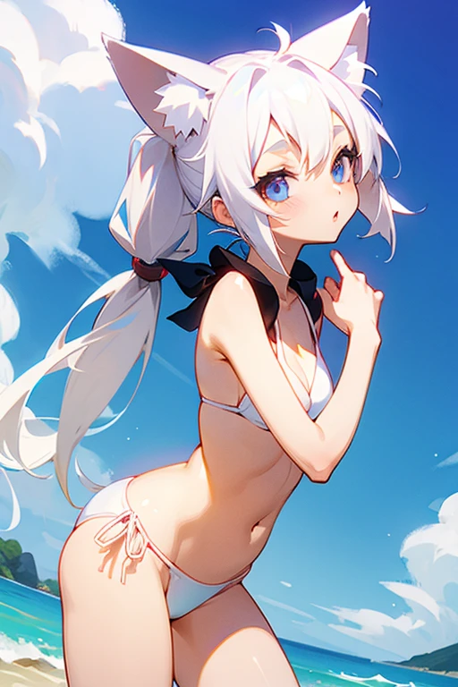 fox girl with white hair and pigtails、wear a bikini