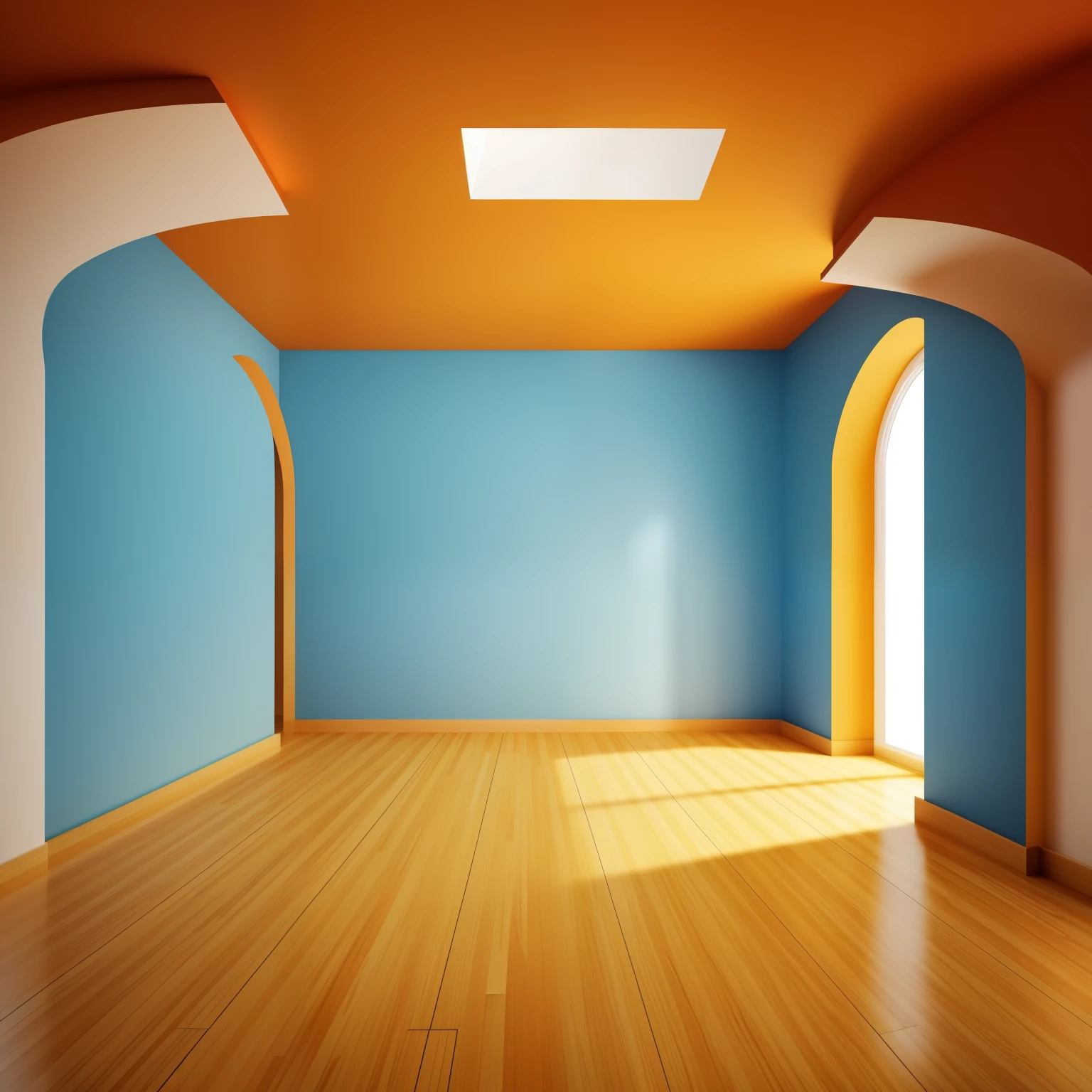 Paint a hall: empty, with blind walls, completely closed and without openings; ceiling with built-in lights; wood floor. Colors: #A7414A, #282726, #6A8A82, #A37C27, #563838. Quality: 8K resolution.