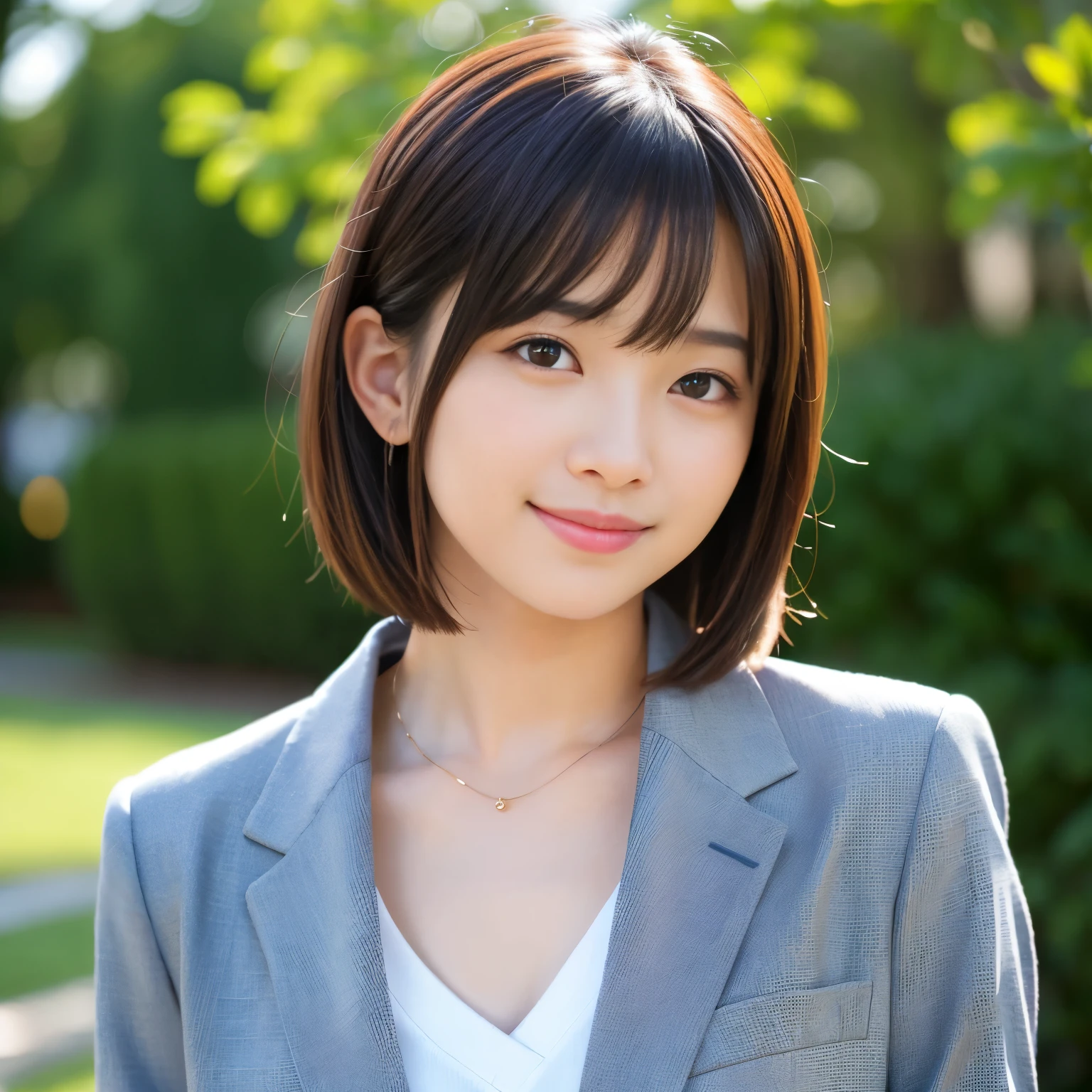 Best-quality, Masterpiece, Ultra-High-Resolution, (Photorealistic:1.4), Raw-Photo, 1girl, 15-years-old, the most famous Japanese idol, extremely cute face like the most popular Japanese idol, extremely beautiful big-blackeyes, extremely beautiful short-cut-haired, extremely beautiful skins, extremely beautiful long-eyelashes, extremely beautiful lips, looking at viewer, innocent-smile, wearing business-suit, detailed business-suit