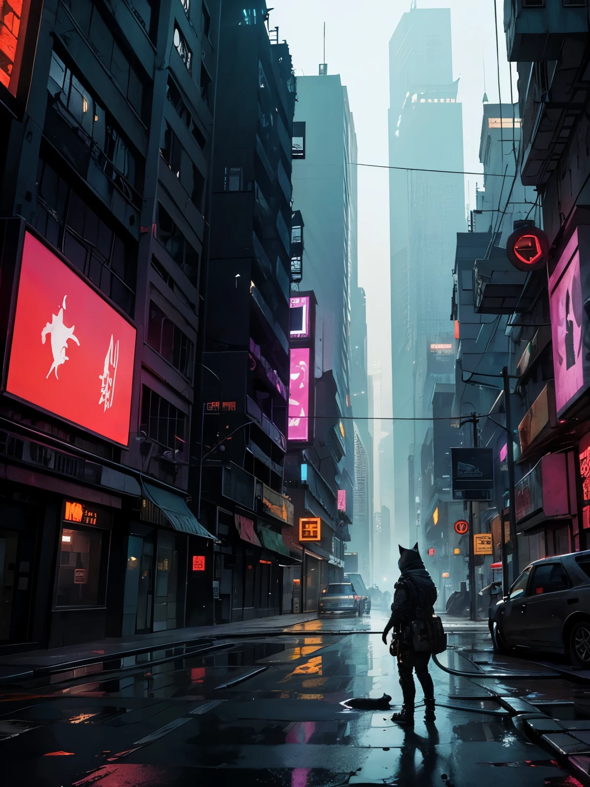 a cat surviving a post-apocalyptic world in a cyberpunk city