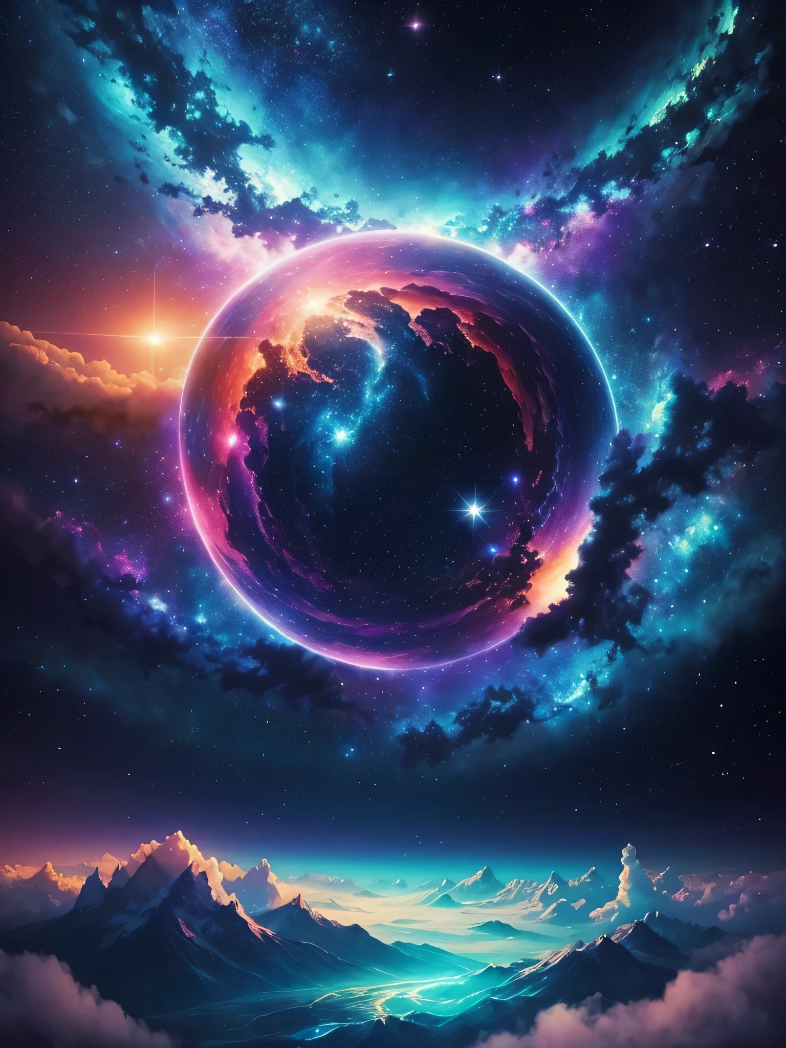 Create a unique painting, inspired by “Celestial Dreams”.,', that combines cosmic images and dreamy landscapes into a surreal masterpiece