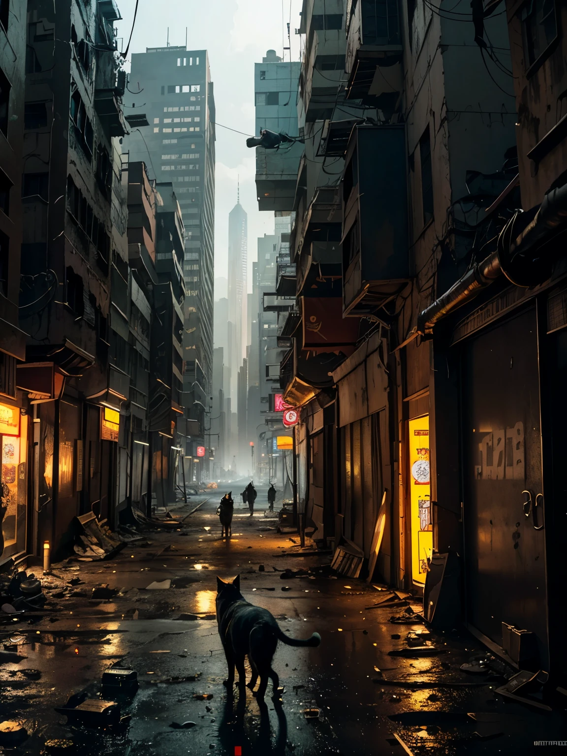 a cat surviving a post-apocalyptic world in a cyberpunk city 