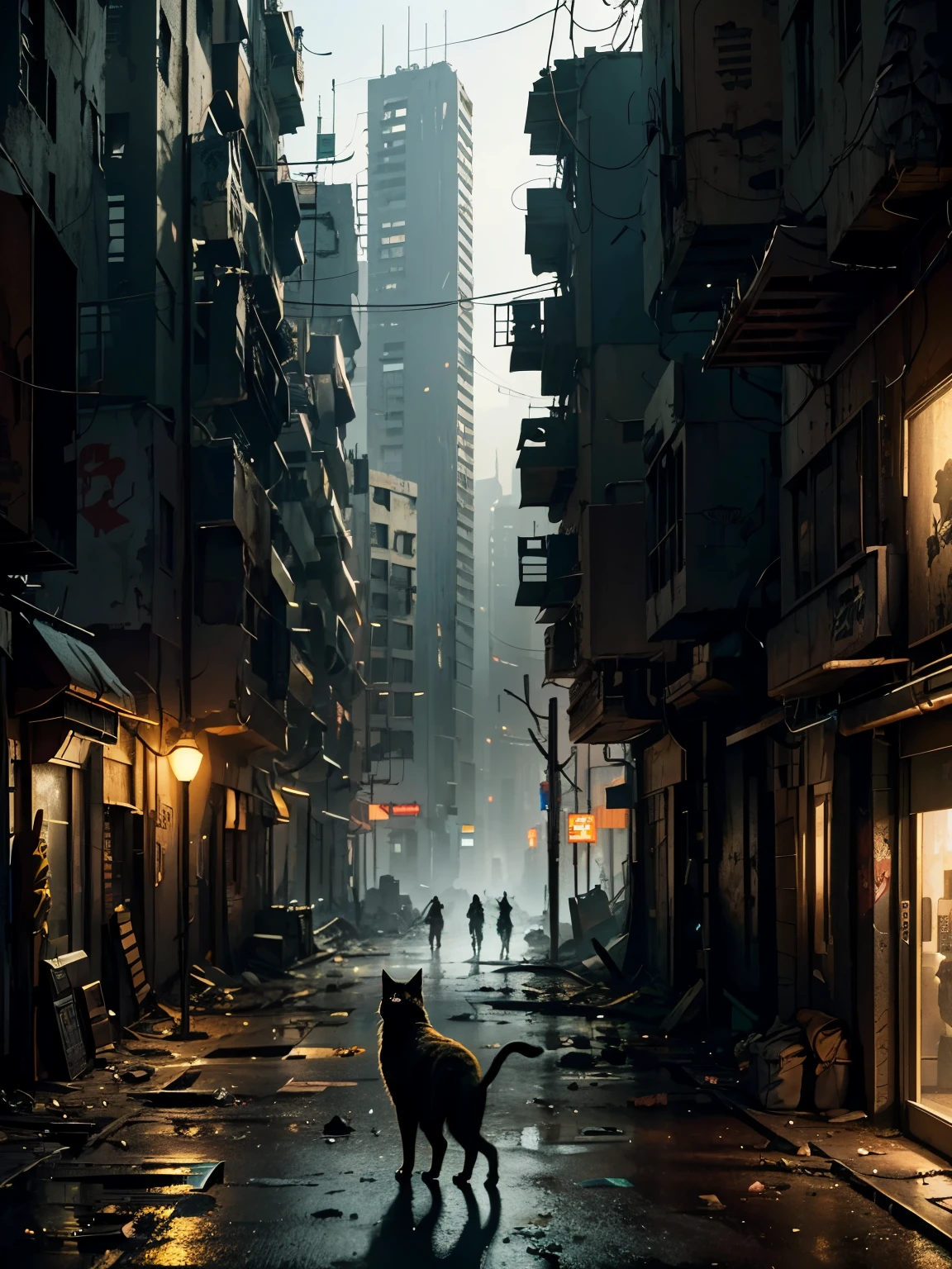 a cat surviving a post-apocalyptic world in a cyberpunk city
