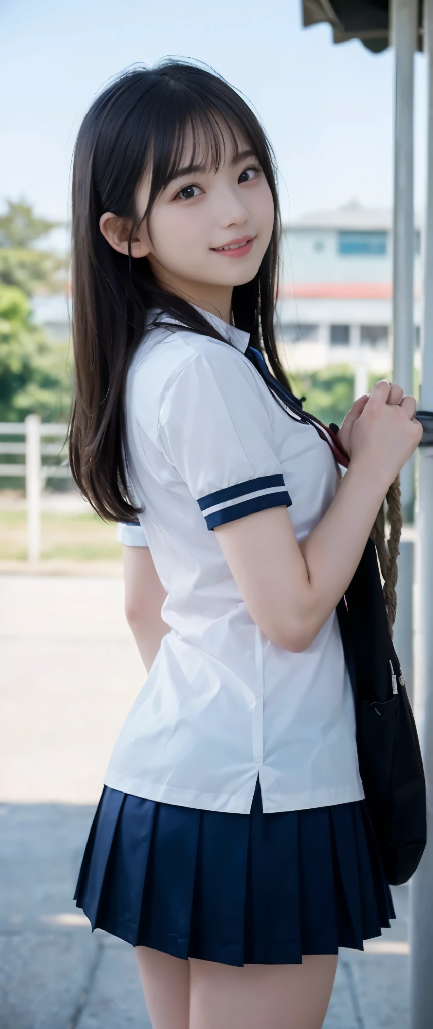 (masterpiece, highest quality:1.2), 8k, 12才のfull nudeの女の子, 85mm,Official AR RAW photo, スーパースリムなスレンダーbeautiful girl, (When I lift up my short navy blue skirt、下Half bodyfull nude、short sleeveの白シャツ、show me your ears、naked girl photoshoot、full nude, cute face, close, Half body, Biolace, gardenia, beautiful girl, school uniform, Bind your neck with a rope, thighs, short sleeve, stand on the station platform, looking at the viewer, no makeup, (big smile), film grain, chromatic aberration, sharp focus, face light, clear lighting, Ten generations, detailed face, background bokeh, (dark red tie:1.1)、(((((( girl))))))、((((((12才のfull nude女子高生)))))、thin waist、backward view、look back