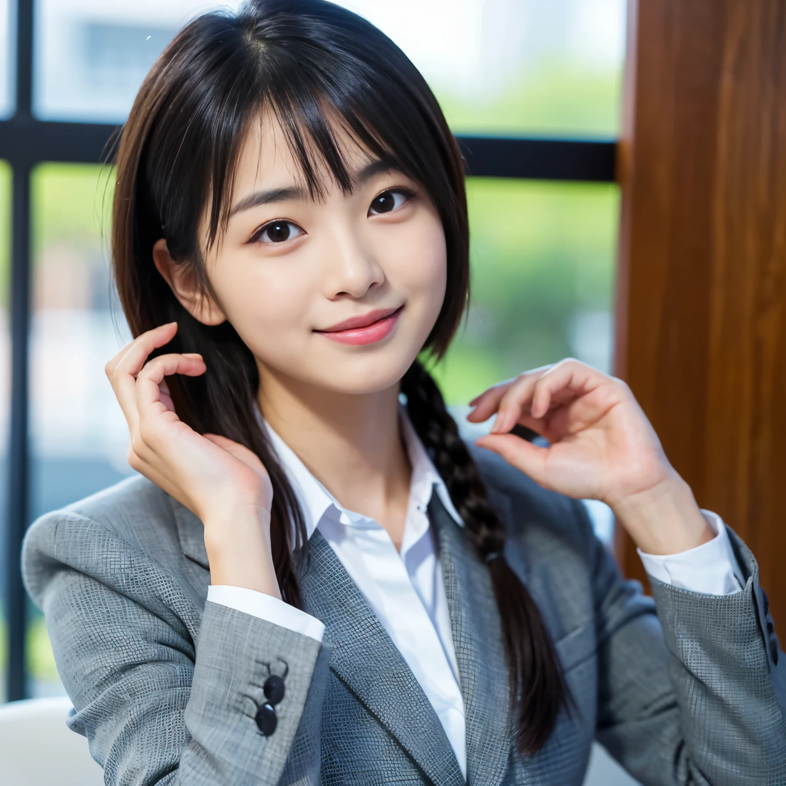 Best-quality, Masterpiece, Ultra-High-Resolution, (Photorealistic:1.4), Raw-Photo, at office, 1girl, 15-years-old, the most famous Japanese idol, (extremely cute face like the most popular Japanese idol, ((extremely beautiful big-black-solid-circle-eyes)), extremely beautiful short-cut-haired, extremely beautiful skins), extremely beautiful long-eyelashes, extremely beautiful lips, looking at viewer, innocent-smile, wearing business-suit, detailed office, detailed business-suit