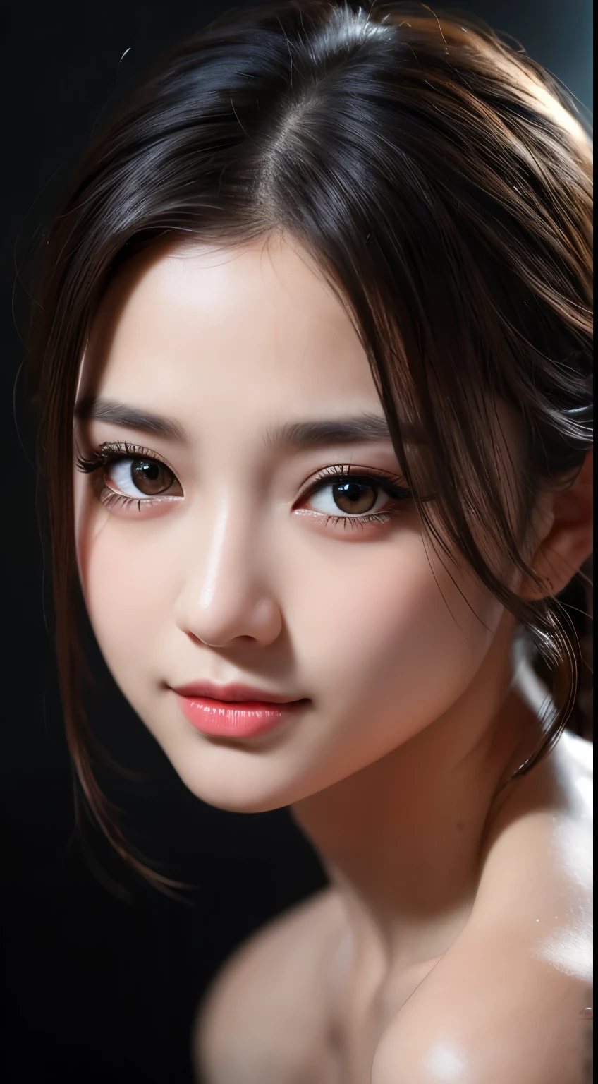 masterpiece, highest quality, Raw foto, photorealistic, smile, beautiful girl, cute, Hair up, Depth of the bounds written, High resolution, Super detailed, details, highly detailed eyes and face, double eye lid, mesmerizing black eyes, Realistic pupils, sharp focus, Cinematic lighting, upper part of the body