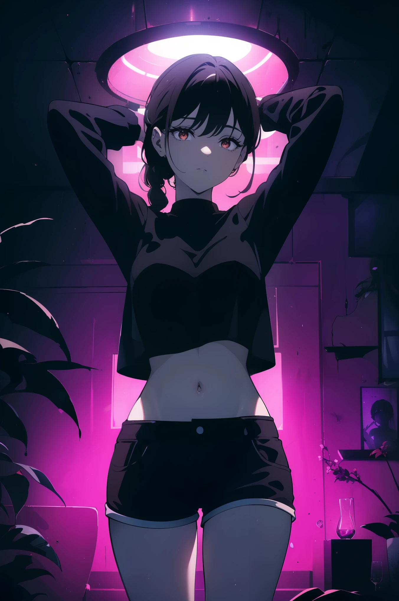 ((((Obra maestra, La mejor calidad, ultrahigh resolution)))), 1girl, standing, black t-shirt, jean shorts, (black hair, dark black hair over eye:1), long hair cut, pale skin, ((brown eyes)), (glowing_eyes), (ultra detailed eyes:0.7, beautiful and detailed face, detailed eyes:0.9), ((centered)), ((over joyed expression)), ((wide shot)), facing viewer, (((indoor part, purple and black lights, black dancing silhouettes:0.9, rave:1))), medium breasts, looking at viewer, ((half closed eyes)), ((perfect hands)), (((head:1, arms, hips in view, elbows, thighs, in view))), ((hands in the air)), empty eyes, beautiful lighting, outside, outdoors, background, defined subject, 25 years old, (head tilt), (((cool))), ((lively))