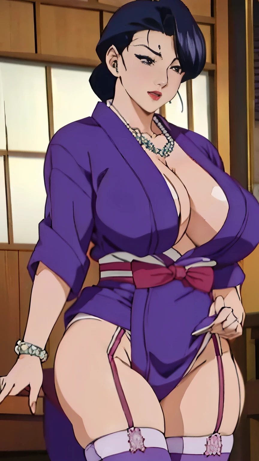 (Sumie Takayanagi), ((Extra Large tits : 1.3)), ((Wearing bathrobe)), ((Garter Stockings)), ((Busty Body)), ((Diamond Bracelet)), ((Diamond Necklace)), at luxurious Onsen Room, Lewd Gesture, Lustfull Expression, Standing.