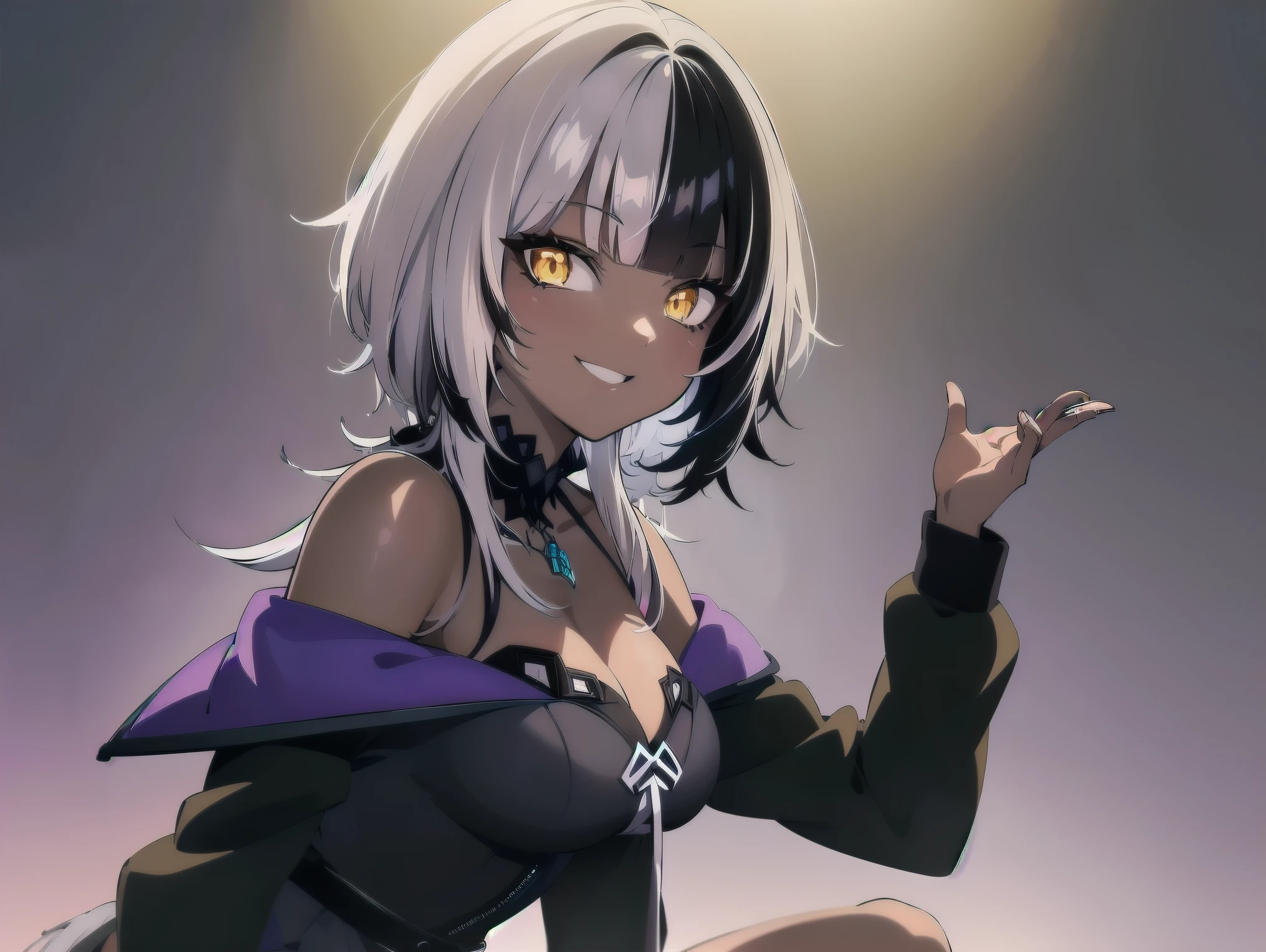 Concept art, good lighting, ((CG)), ((1girl)), ta, ((((dark skin)))), ((((short white hair)))), (((blunt bangs))), yellow eyes, ((cabelo emaranhado)), ((((sorridente)))), com raiva, cifre saindo da testa, ((melhor qualidade)), ((veias saltando da testa)), ((obra de arte)), ((black dress)), (detalhado), rosto perfeito, ((style novel)), zangada, cores beautiful, (((in florest))), ((((anime_collors)))).