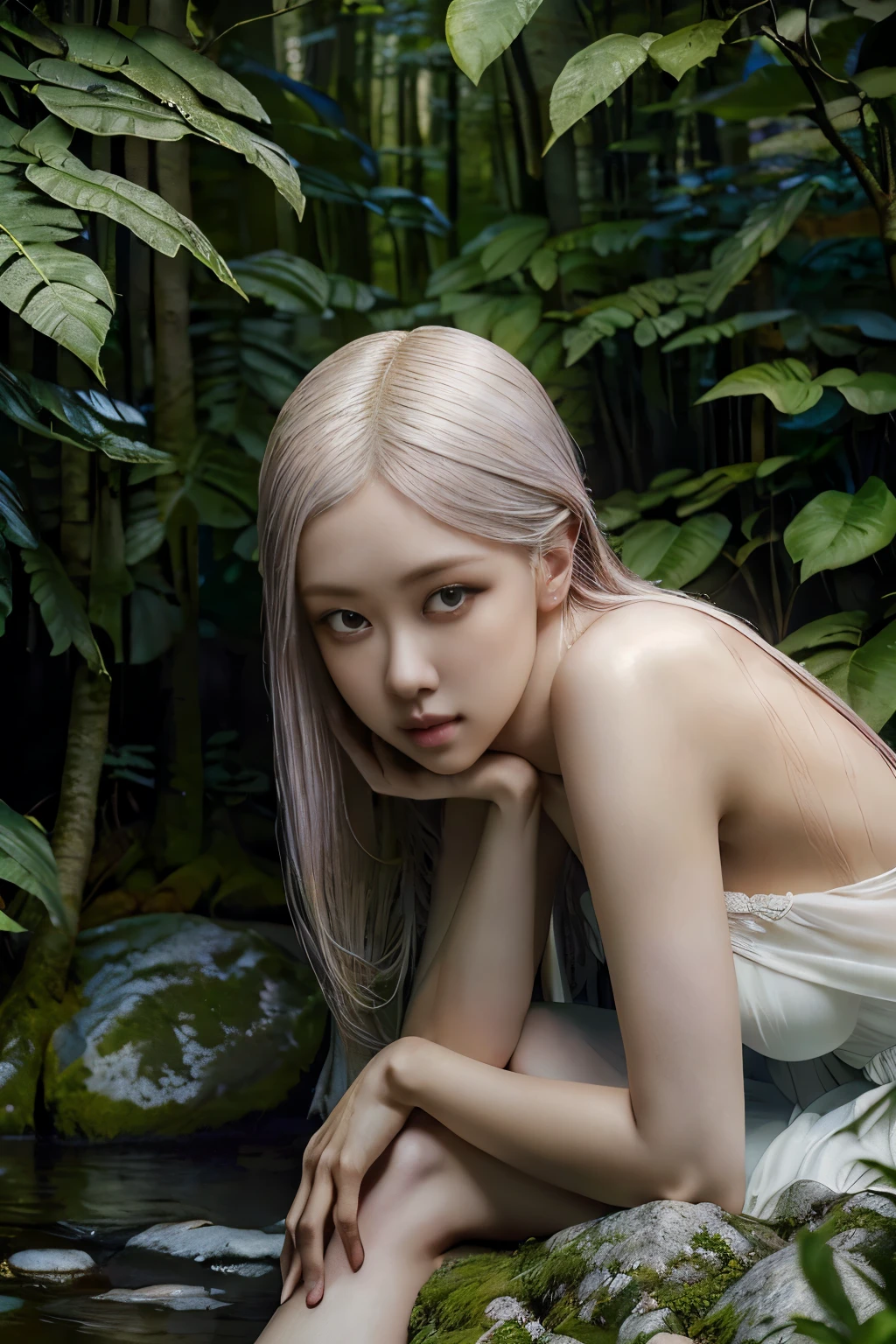 Rose from black pink, (full body), (artistic + masterpiece:1.4), (incredibly detailed eyes), wearing medieval long cotton nightie clothes, Drenched hair，The background is a forest, sunset，Masterpiece: 1.3), (8k, Photorealistic, Photo RAW, Best quality: 1.4), (UHD), (Ultra high realism), (Ultra high definition), (Ultra high detail), (Realistic face), Beautiful hairstyle, Realistic bright amber eyes, Beautiful details, (Realistic skin), Pale, smooth and luminous skin with iridescent shine and no imperfections, Ultra high definition, Ultra realistic, Highly detailed, (Cleavage: 0.8), sitting on a rock, feet in the water, (masterpiece, best quality, award winning, highres), skinny, intricate and beautiful design, highly detailed beautiful face, super detailed beautiful eyes, light smile, sitting near stream, forest, leaves flow, windy, sun lights through forest, fantasy art, dynamic lighting, cinematic lighting, hyper realistic, extremely CG detail, octane render, (natural skin texture, hyperrealism, soft light, sharp:1.2)