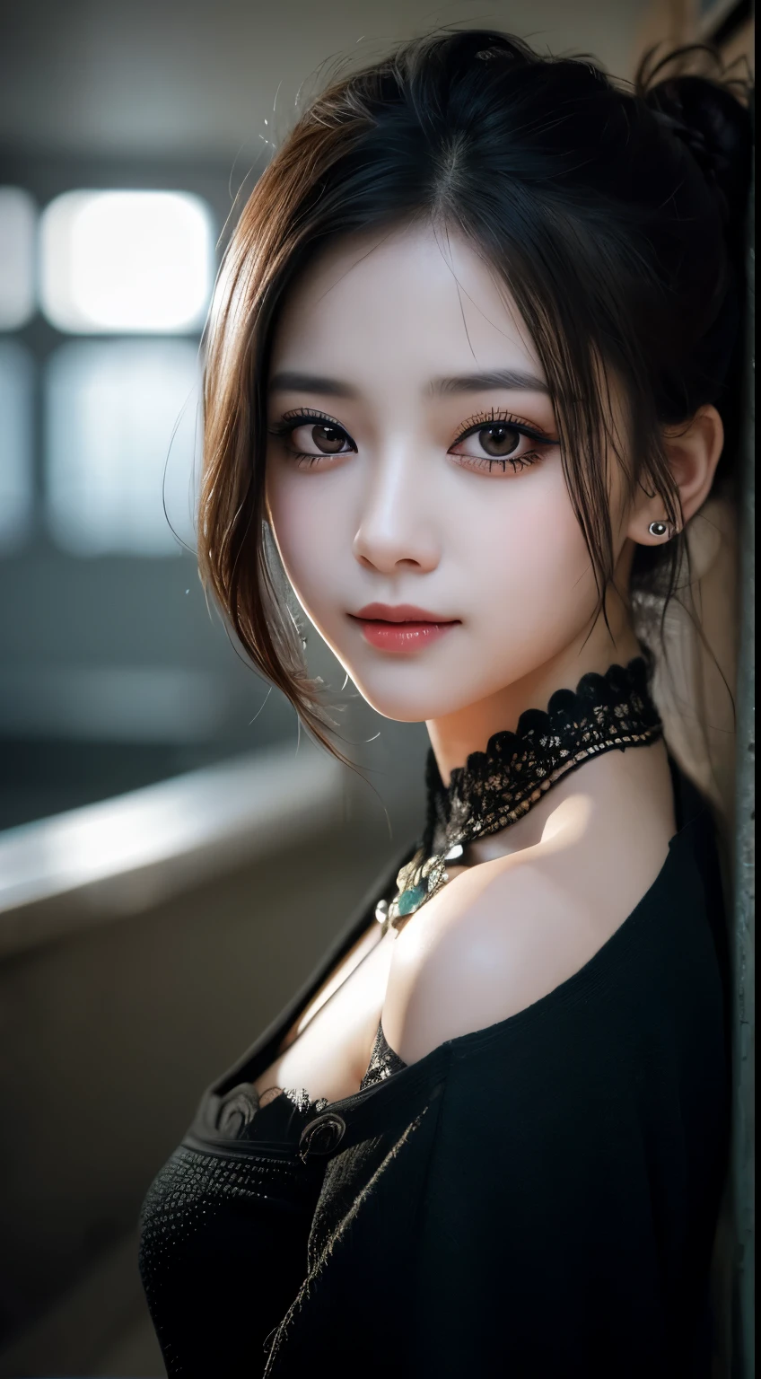 masterpiece, highest quality, Raw foto, photorealistic, smile, beautiful girl, cute, Hair up, Depth of the bounds written, High resolution, Super detailed, details, highly detailed eyes and face, double eye lid, mesmerizing black eyes, Realistic pupils, sharp focus, Cinematic lighting, upper part of the body